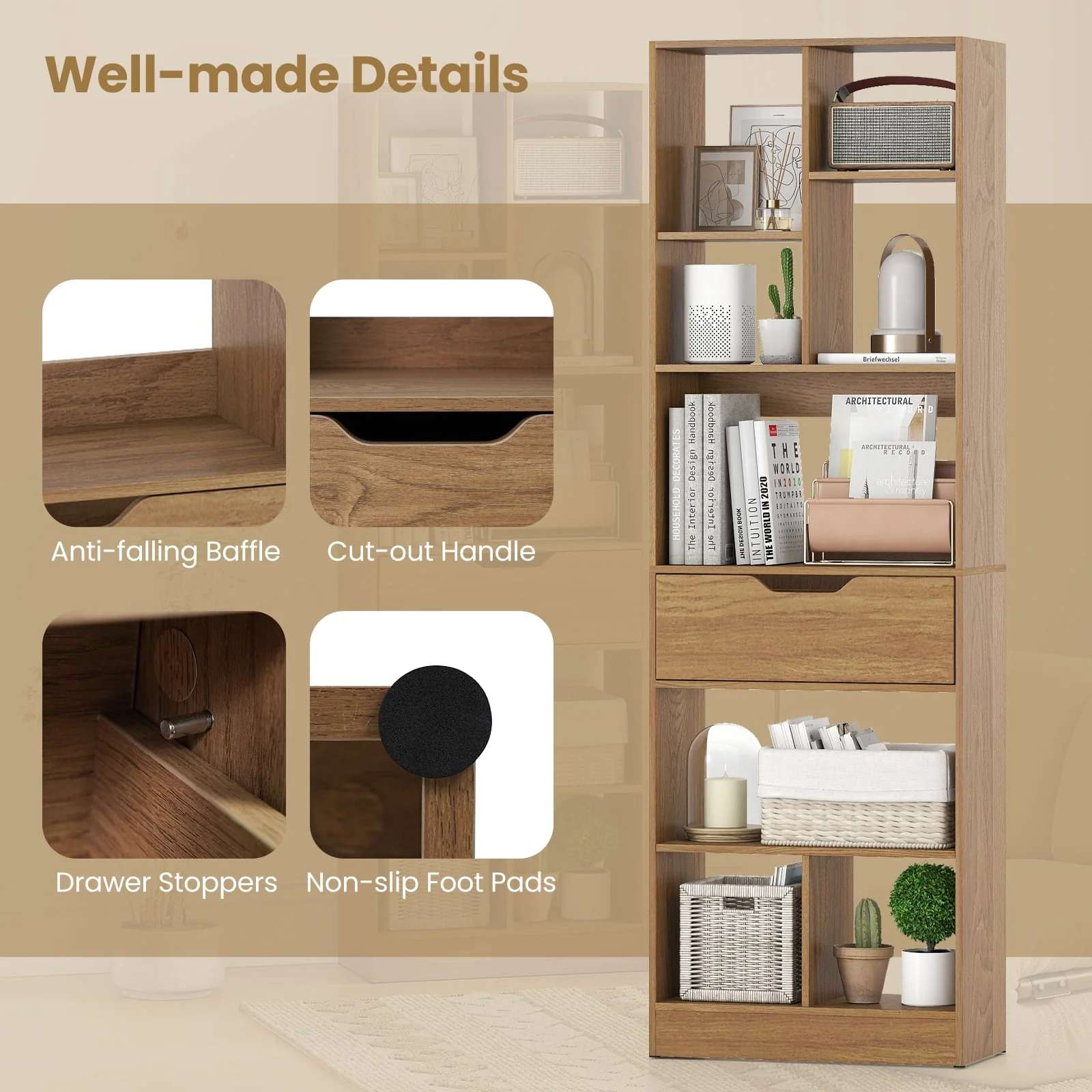 61inch Tall Freestanding Bookcase with Drawer 8-Cube Storage Organizer, Natural - Image 9