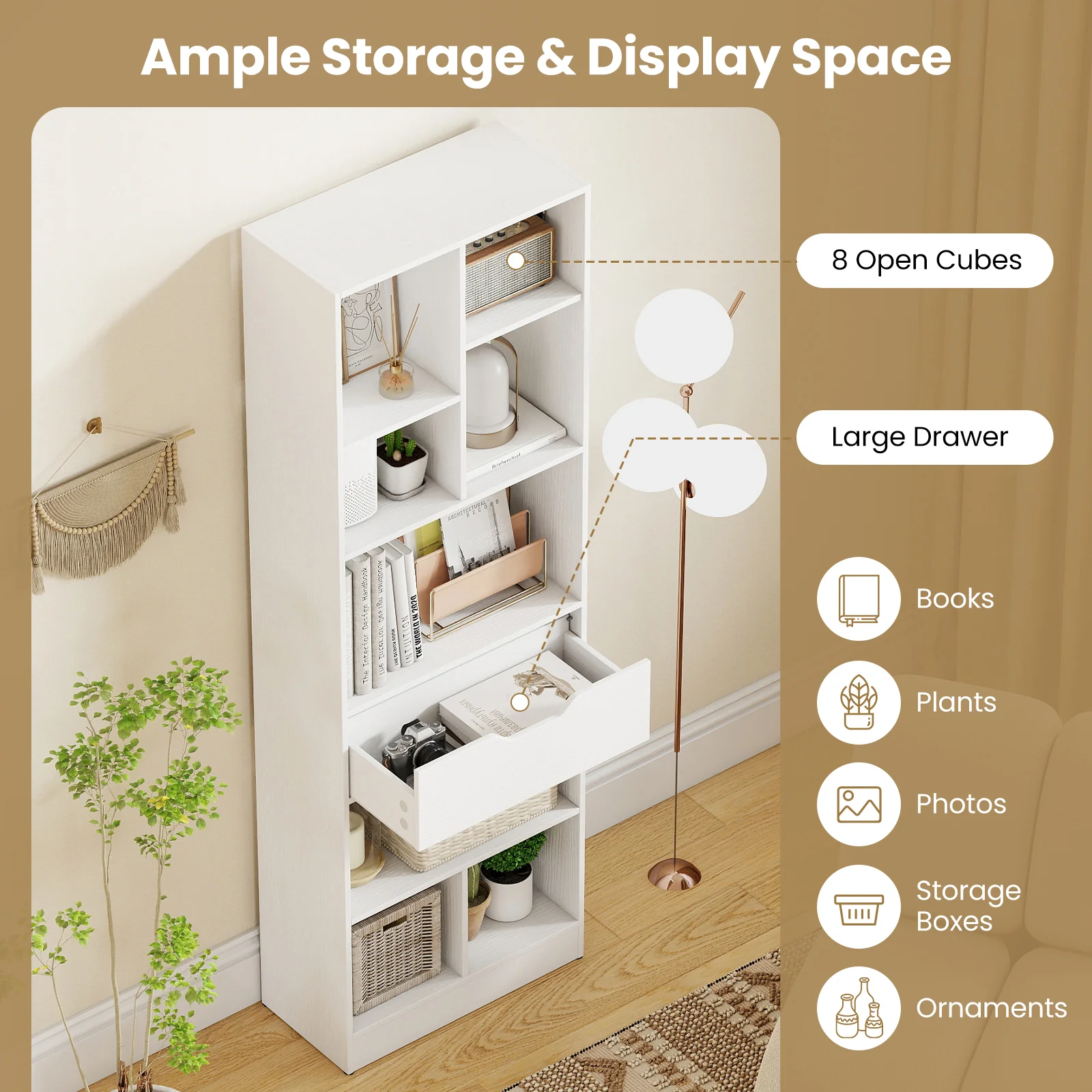 61inch Tall Freestanding Bookcase with Drawer 8-Cube Storage Organizer, White - Image 10