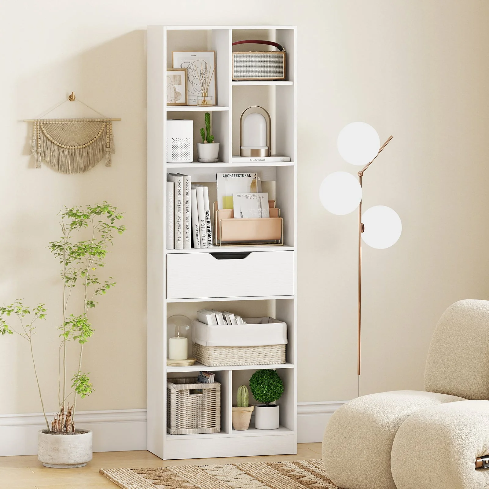 61inch Tall Freestanding Bookcase with Drawer 8-Cube Storage Organizer, White - Image 2