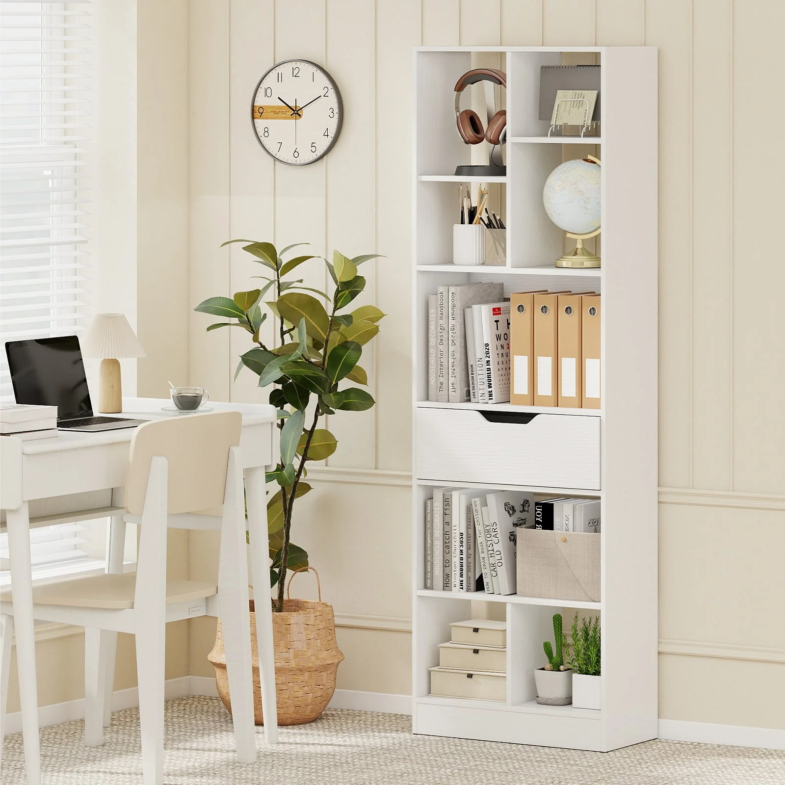 61inch Tall Freestanding Bookcase with Drawer 8-Cube Storage Organizer, White - Image 3