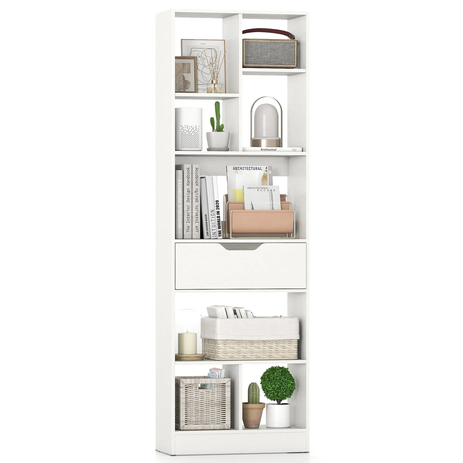 61inch Tall Freestanding Bookcase with Drawer 8-Cube Storage Organizer, White - Image 4