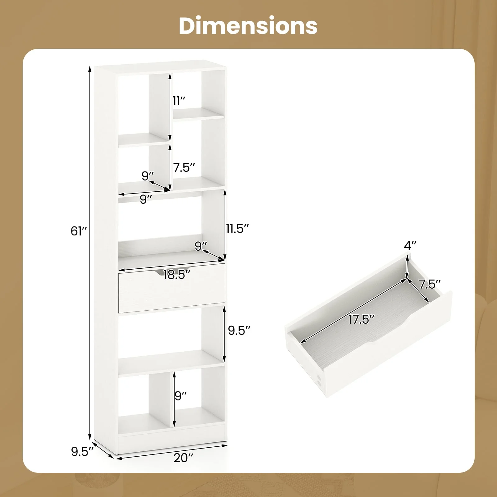 61inch Tall Freestanding Bookcase with Drawer 8-Cube Storage Organizer, White - Image 6