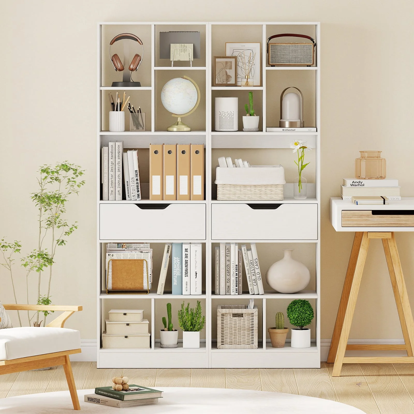 61inch Tall Freestanding Bookcase with Drawer 8-Cube Storage Organizer, White - Image 7