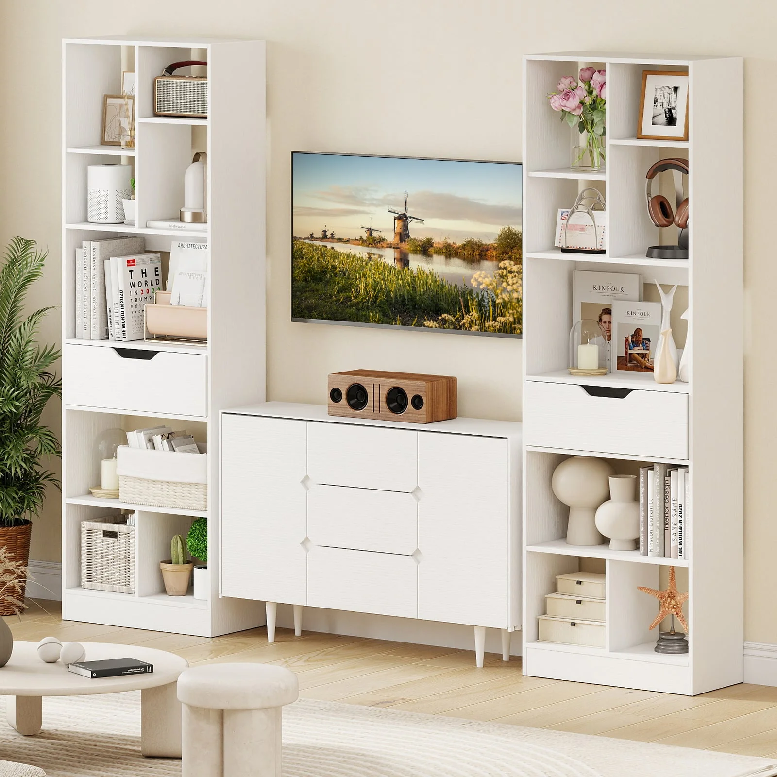 61inch Tall Freestanding Bookcase with Drawer 8-Cube Storage Organizer, White - Image 8