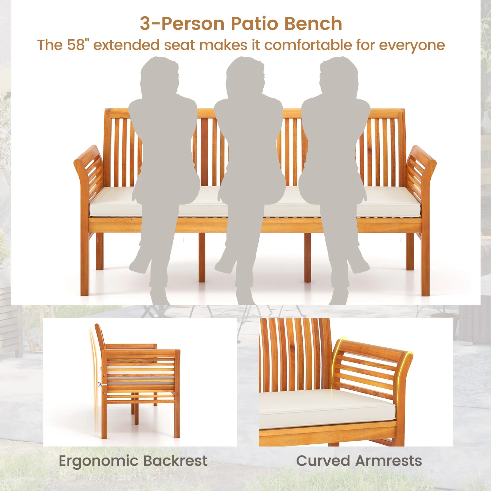 62.5 Inches Wood Bench, 3-Seat, Soft Seat Cushions, White - Image 9
