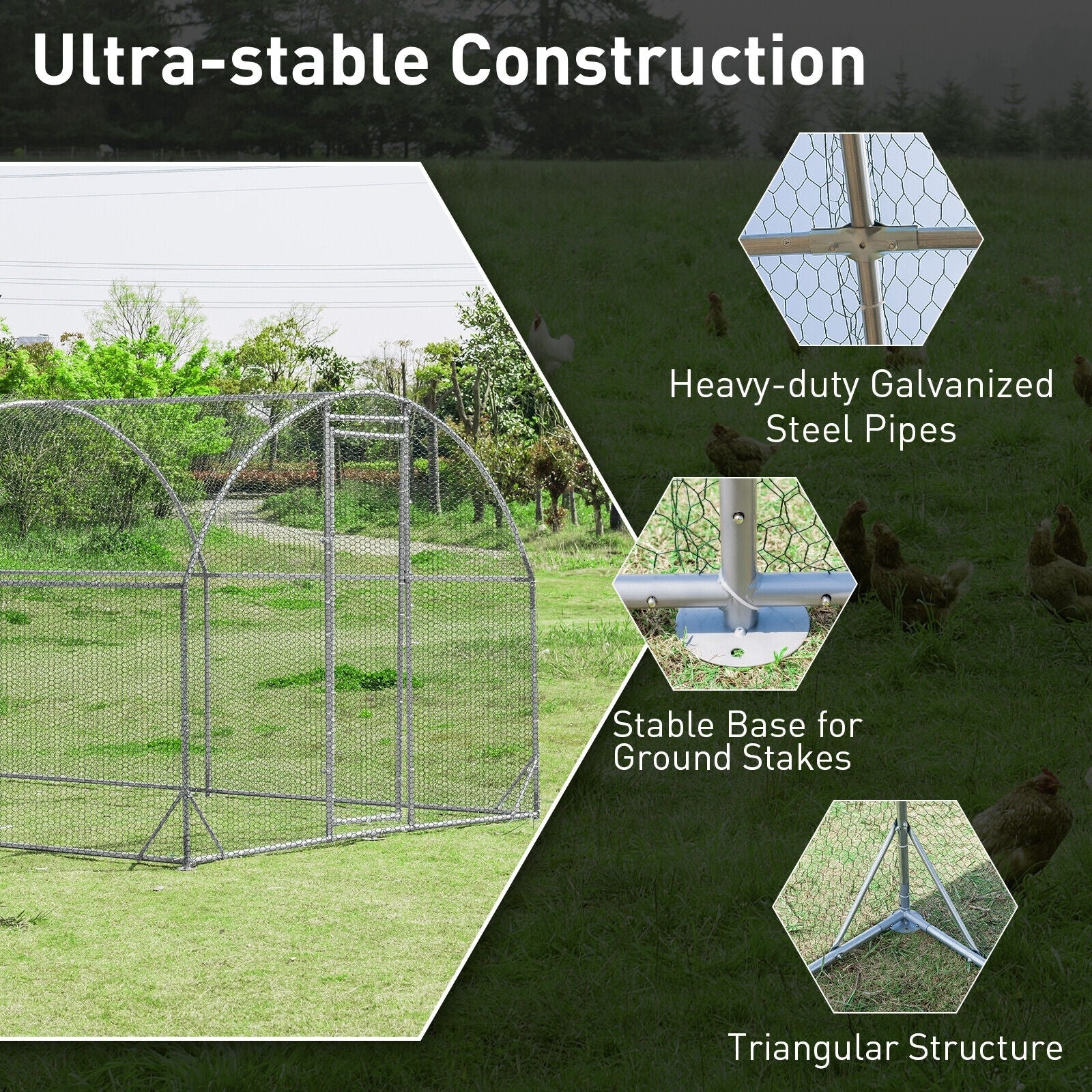 6.2 Feet/12.5 Feet/19 Feet Large Metal Chicken Coop Outdoor Galvanized Dome Cage with Cover-L, Black - Image 8