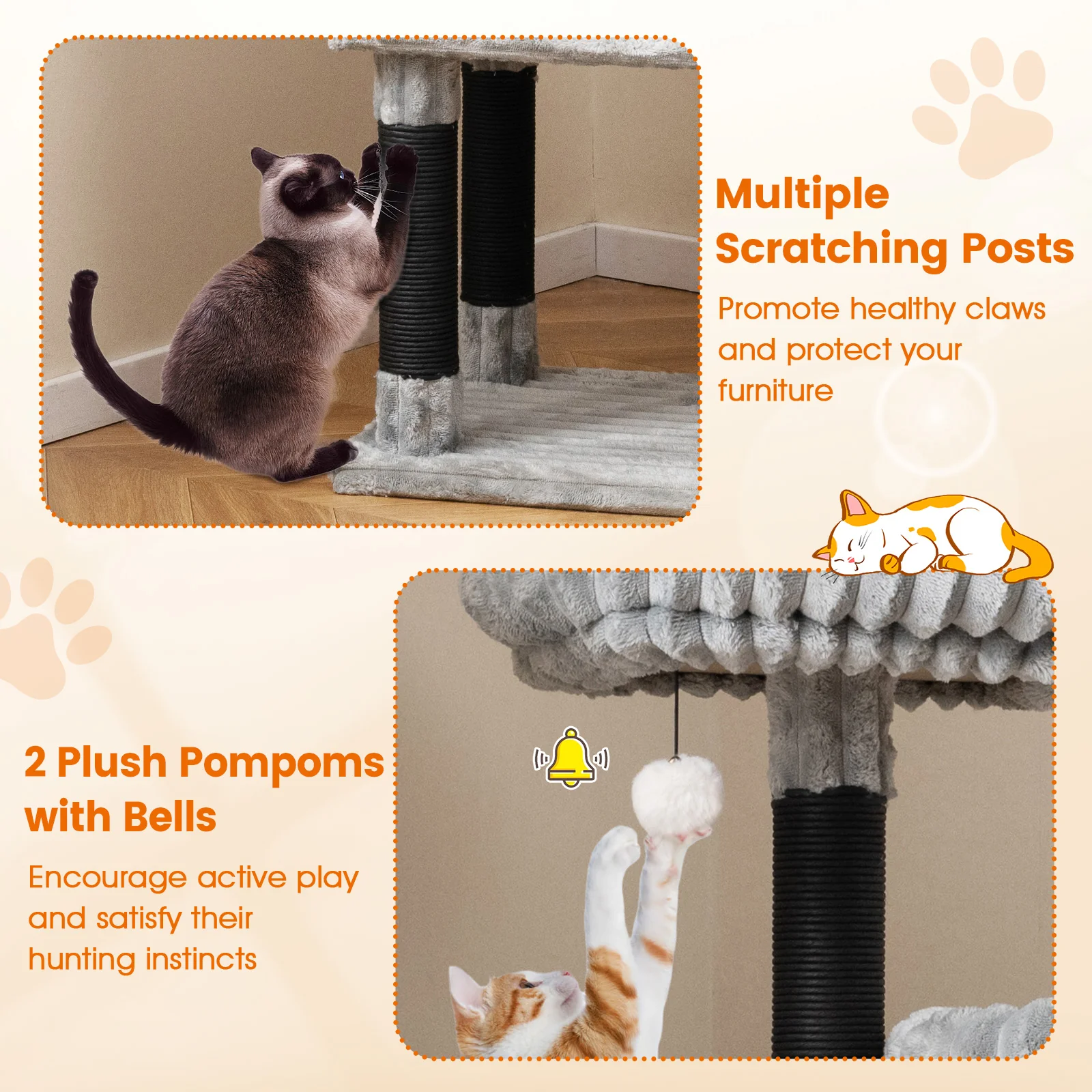 62 Inch Tall Cat Tower with Scratching Posts and Soft Flannel Covering-LG, Light Gray - Image 10
