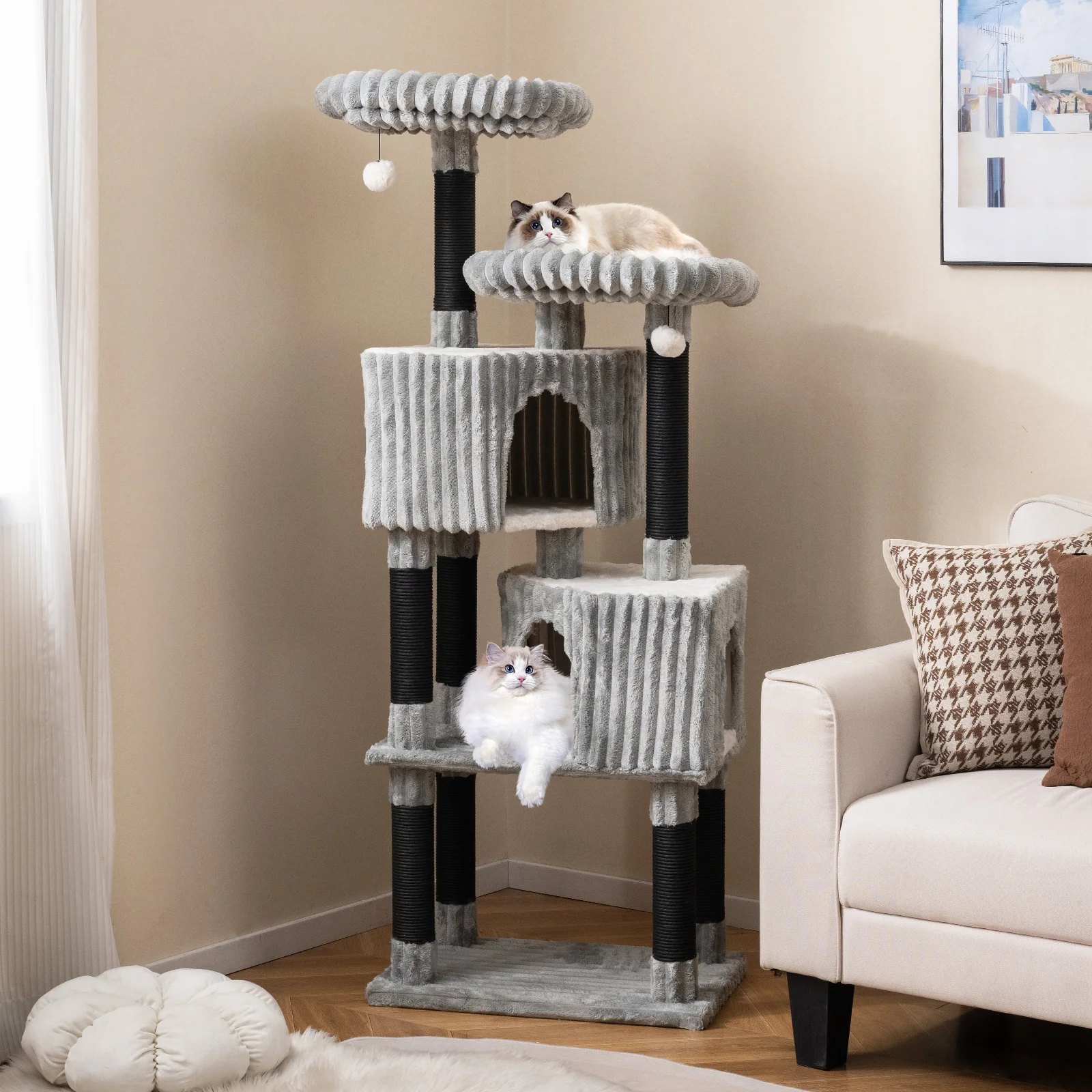 62 Inch Tall Cat Tower with Scratching Posts and Soft Flannel Covering-LG, Light Gray - Image 2
