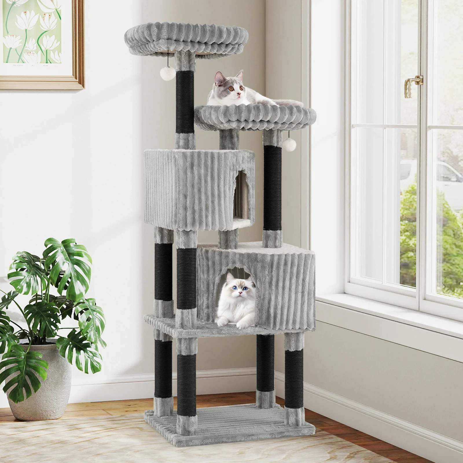 62 Inch Tall Cat Tower with Scratching Posts and Soft Flannel Covering-LG, Light Gray - Image 3