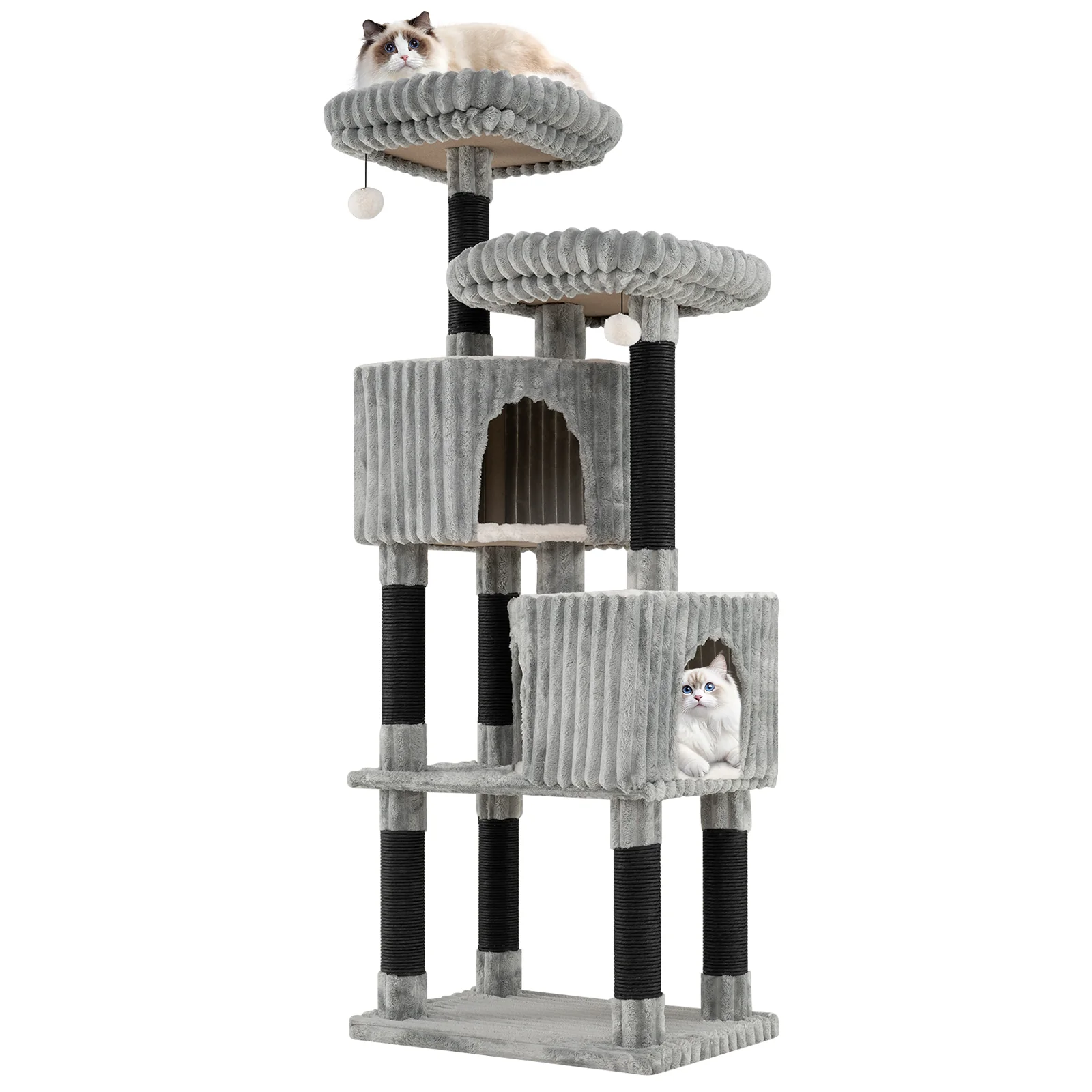 62 Inch Tall Cat Tower with Scratching Posts and Soft Flannel Covering-LG, Light Gray - Image 5