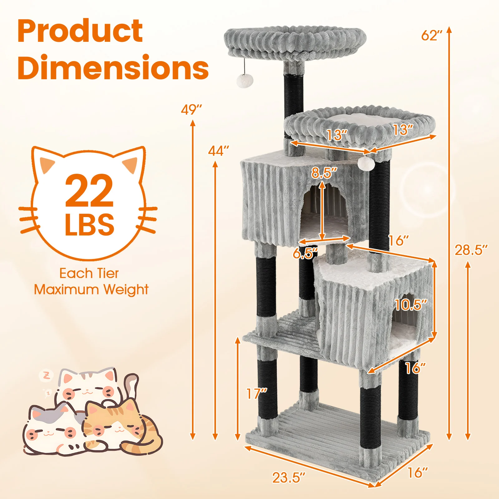62 Inch Tall Cat Tower with Scratching Posts and Soft Flannel Covering-LG, Light Gray - Image 6