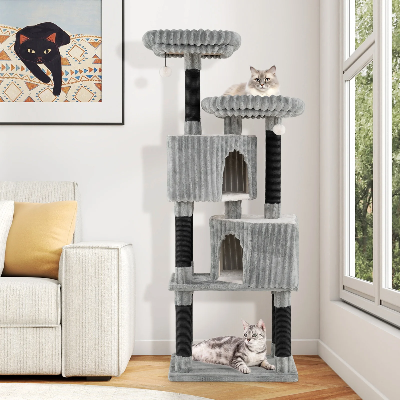 62 Inch Tall Cat Tower with Scratching Posts and Soft Flannel Covering-LG, Light Gray - Image 7