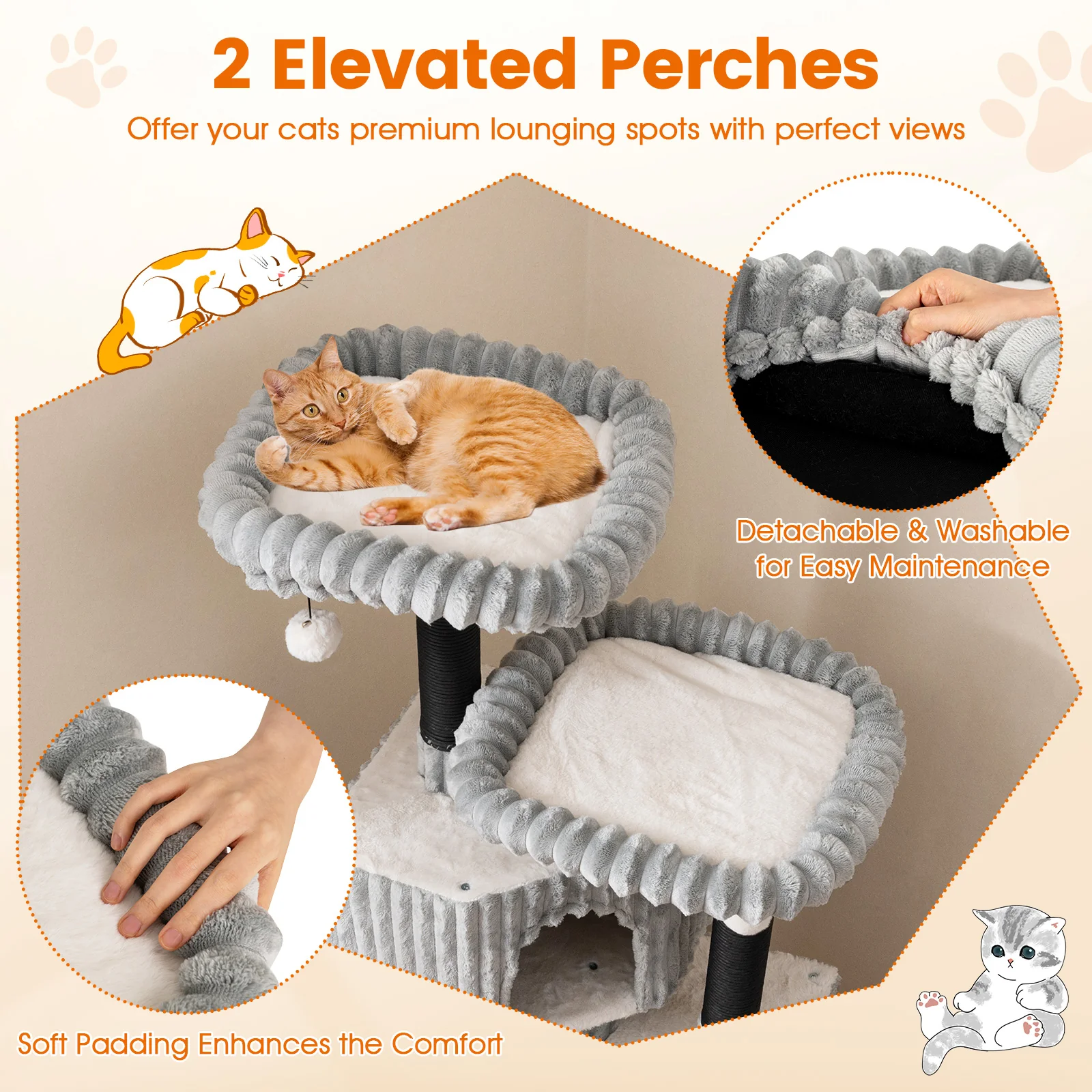 62 Inch Tall Cat Tower with Scratching Posts and Soft Flannel Covering-LG, Light Gray - Image 8