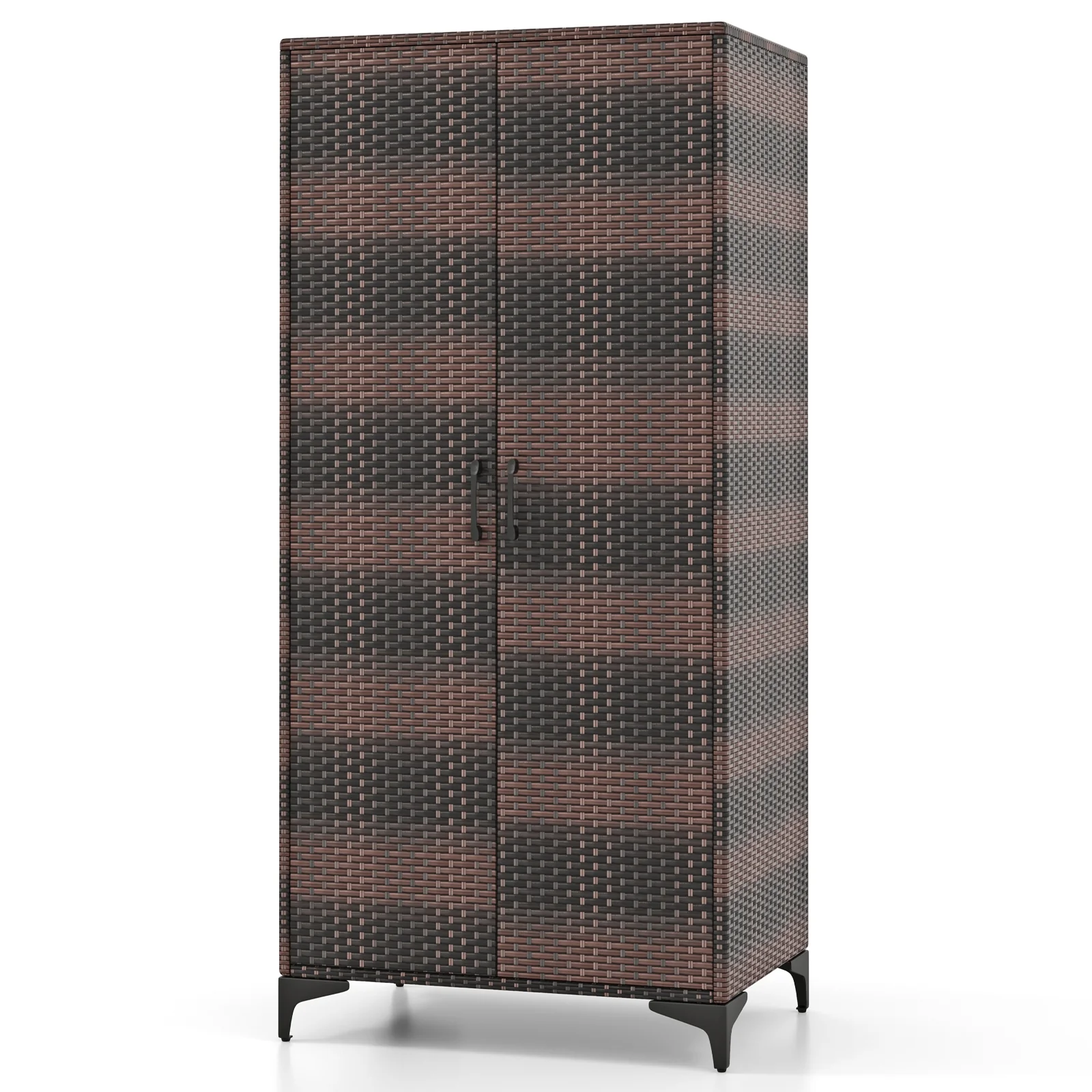 62 Inch Wicker Wardrobe, 2 Doors, PE Rattan Closet, Hanging Rod, Brown