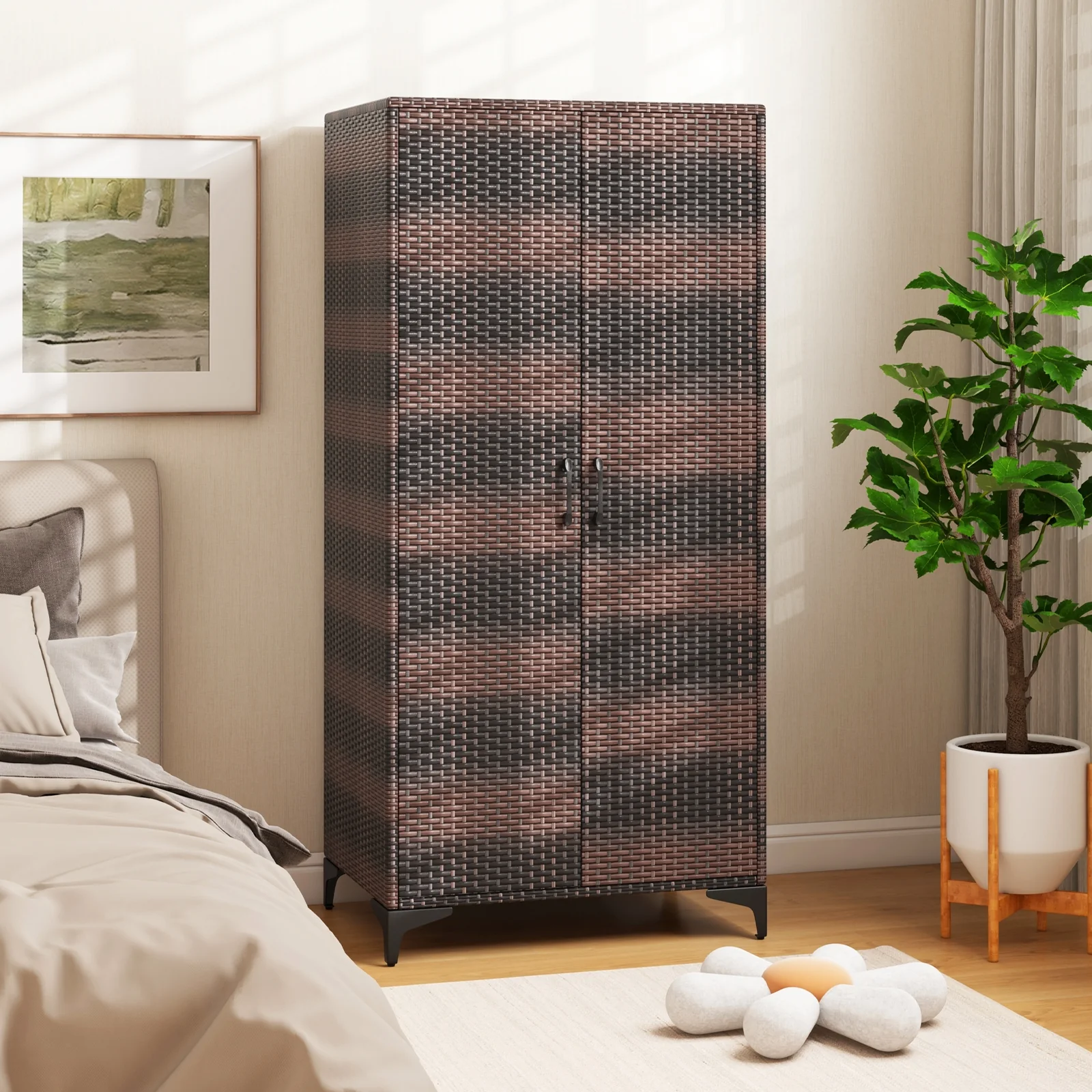 62 Inch Wicker Wardrobe, 2 Doors, PE Rattan Closet, Hanging Rod, Brown - Image 3