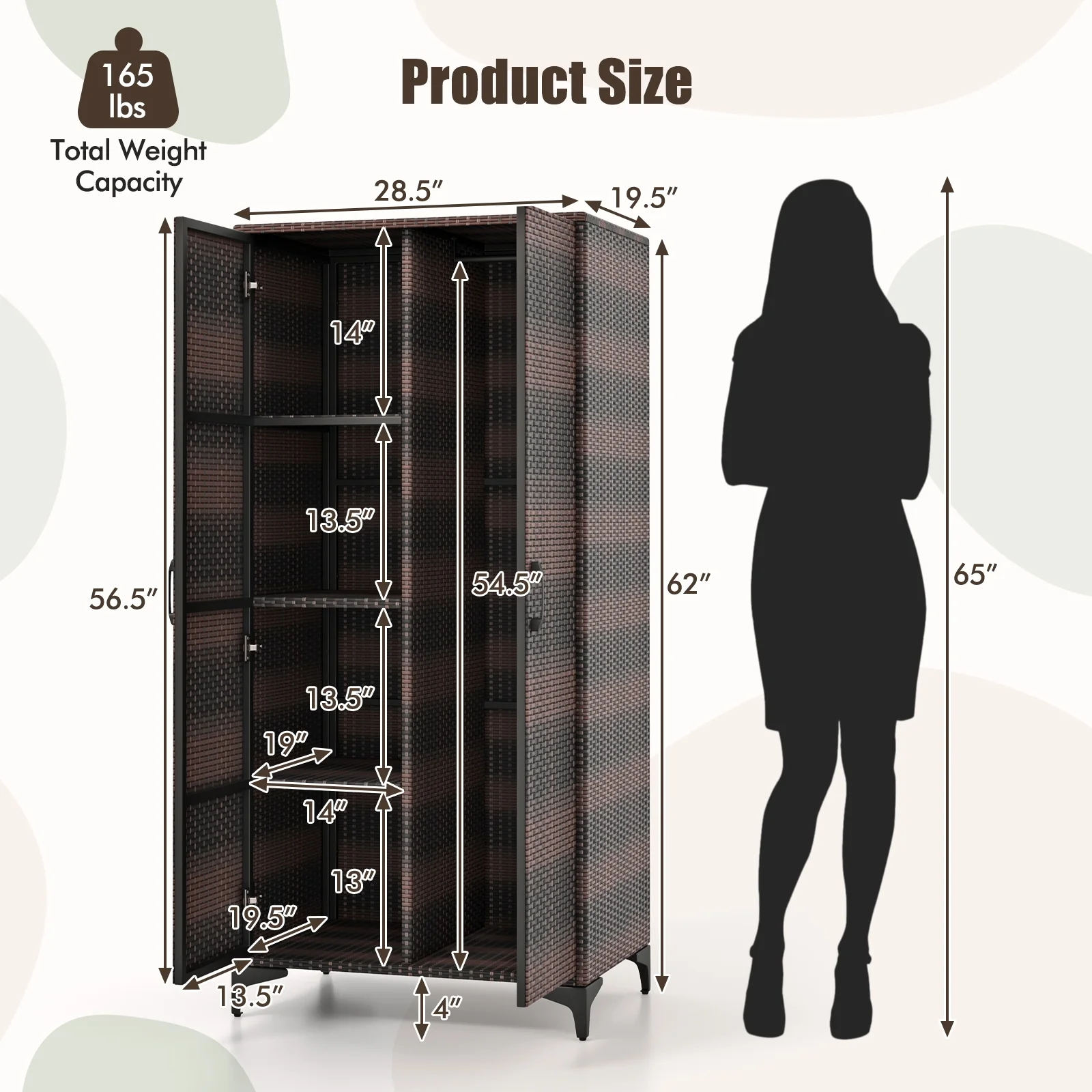 62 Inch Wicker Wardrobe, 2 Doors, PE Rattan Closet, Hanging Rod, Brown - Image 6