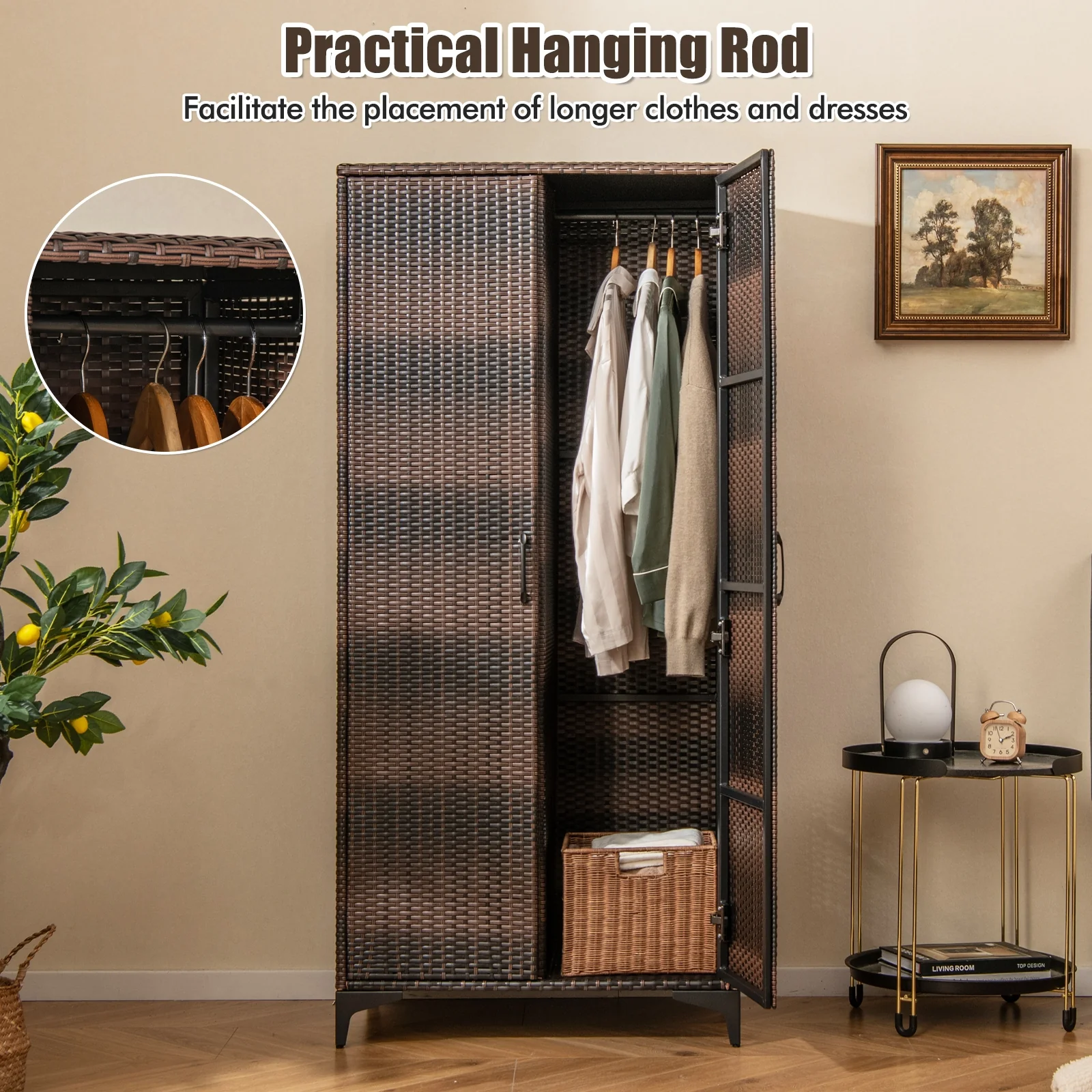 62 Inch Wicker Wardrobe, 2 Doors, PE Rattan Closet, Hanging Rod, Brown - Image 8