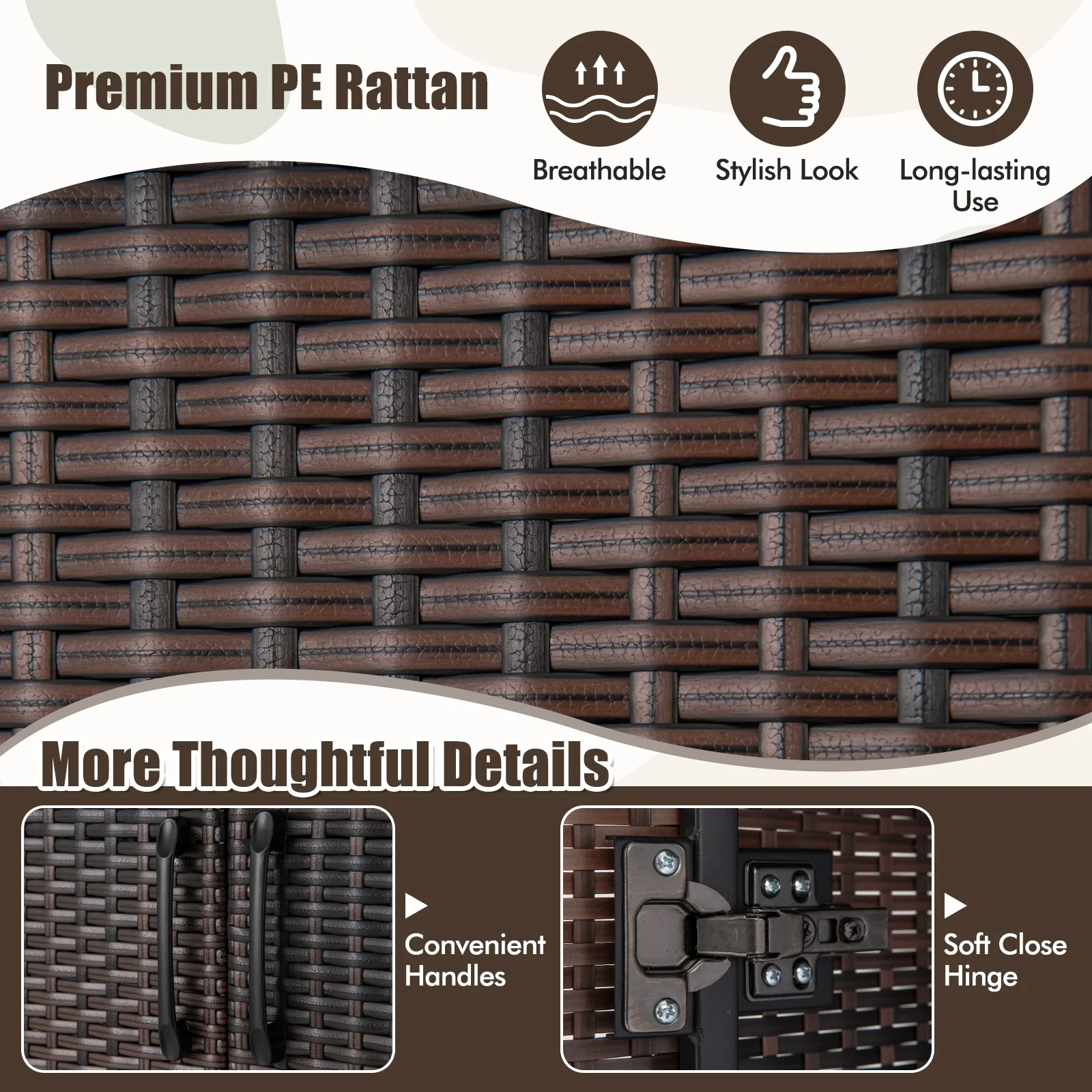 62 Inch Wicker Wardrobe, 2 Doors, PE Rattan Closet, Hanging Rod, Brown - Image 9