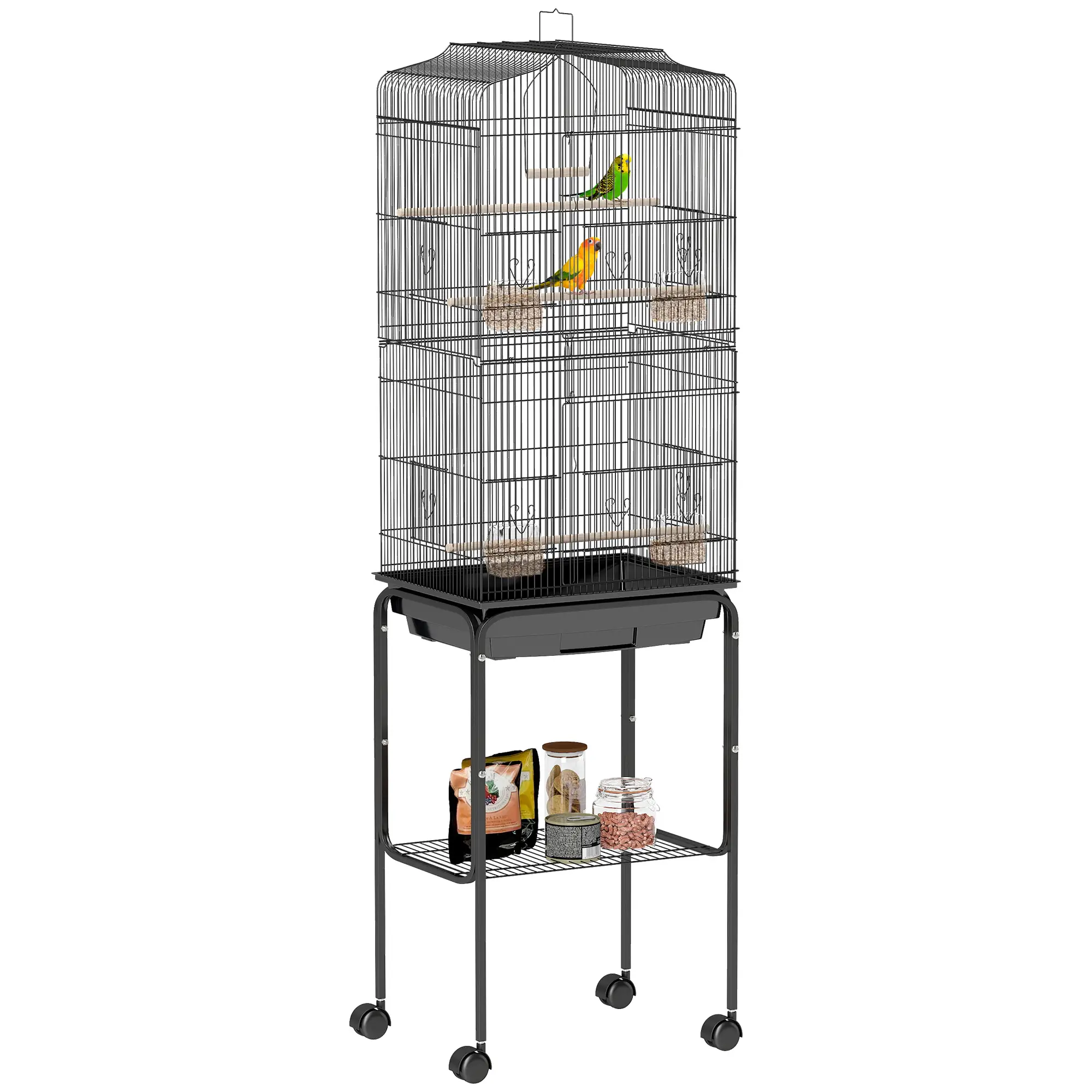 62" Rolling Bird Cage, Cockatoo House, Play Top, Storage Shelf, Wheels, Black