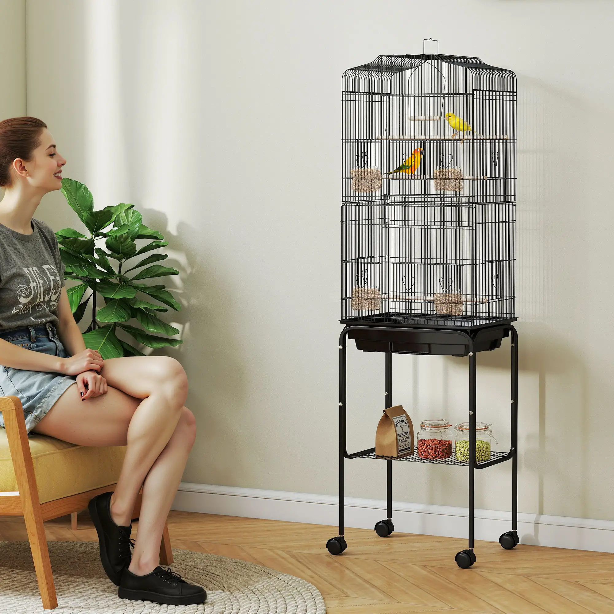 62" Rolling Bird Cage, Cockatoo House, Play Top, Storage Shelf, Wheels, Black - Image 2