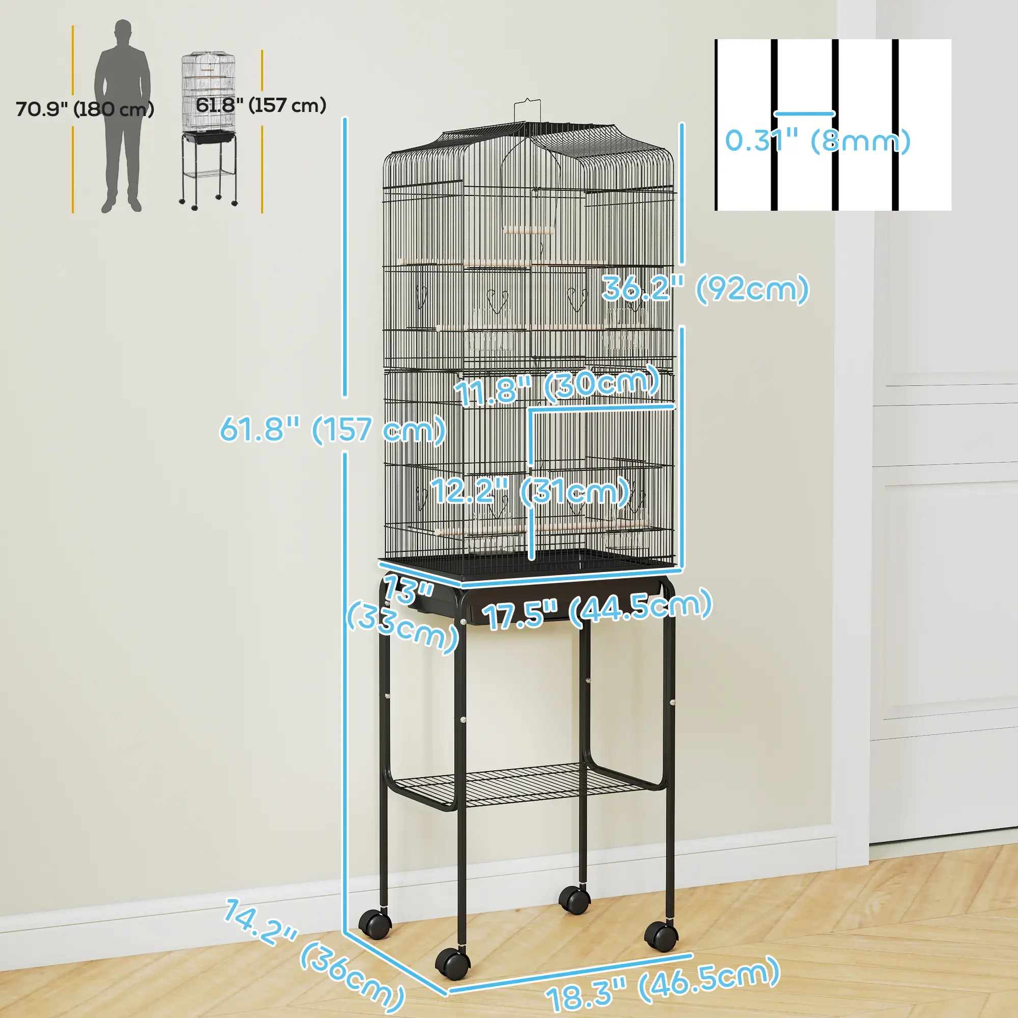62" Rolling Bird Cage, Cockatoo House, Play Top, Storage Shelf, Wheels, Black - Image 3