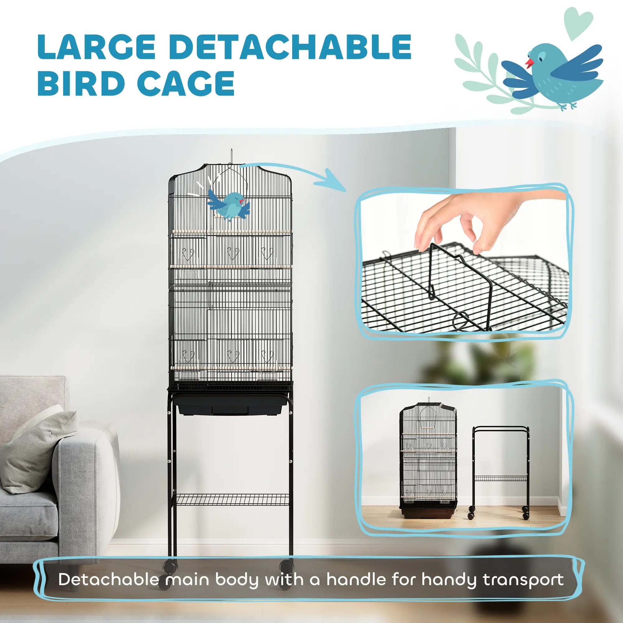 62" Rolling Bird Cage, Cockatoo House, Play Top, Storage Shelf, Wheels, Black - Image 4