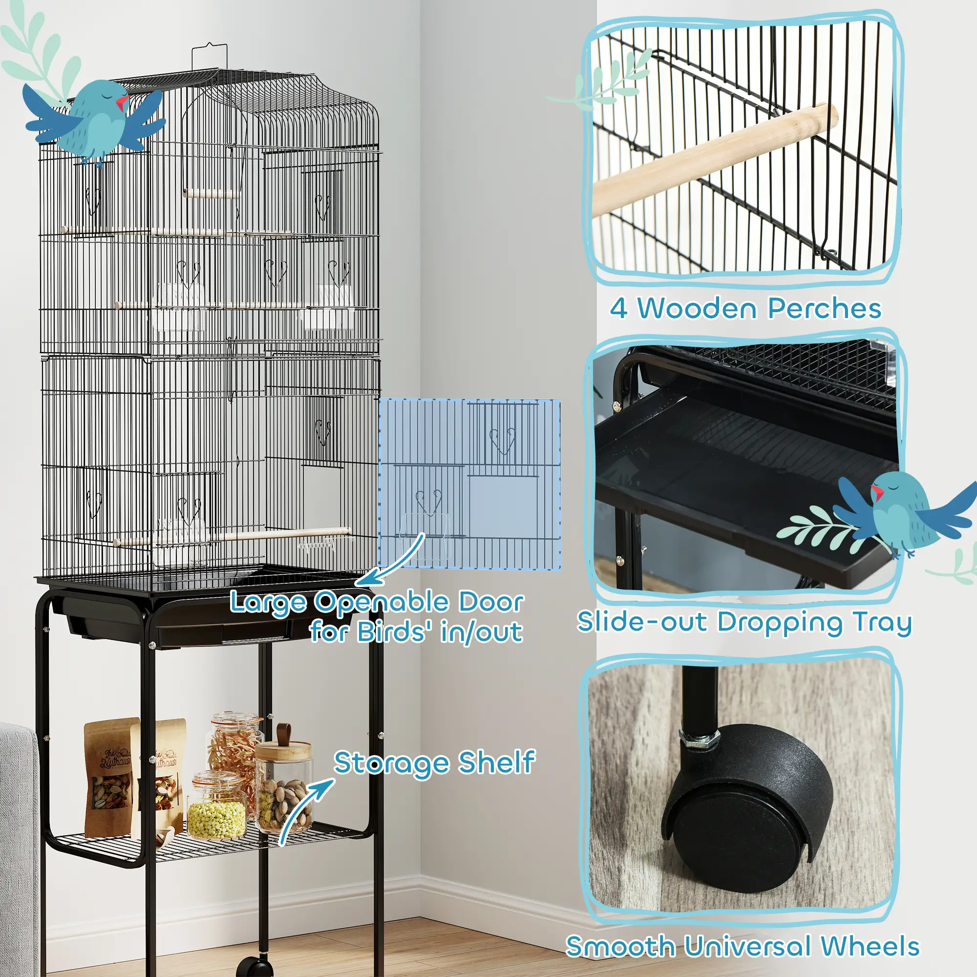 62" Rolling Bird Cage, Cockatoo House, Play Top, Storage Shelf, Wheels, Black - Image 5