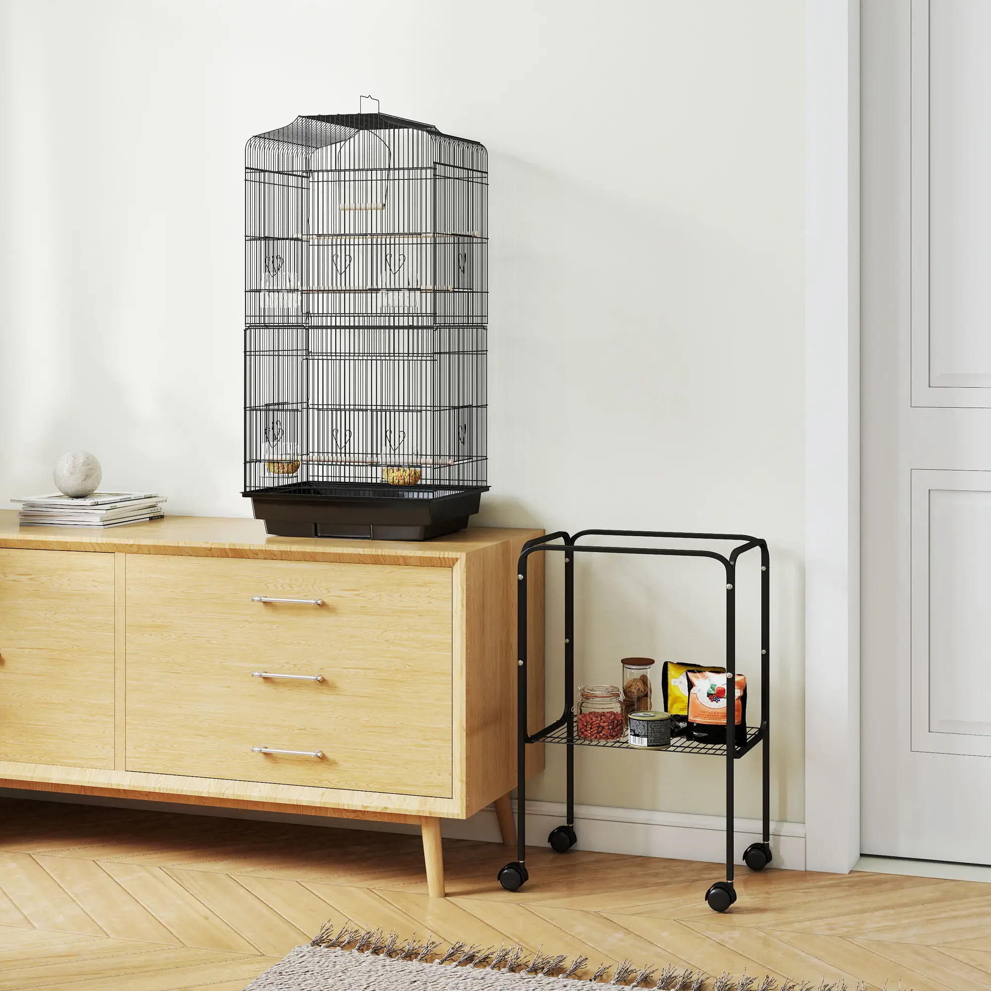 62" Rolling Bird Cage, Cockatoo House, Play Top, Storage Shelf, Wheels, Black - Image 7
