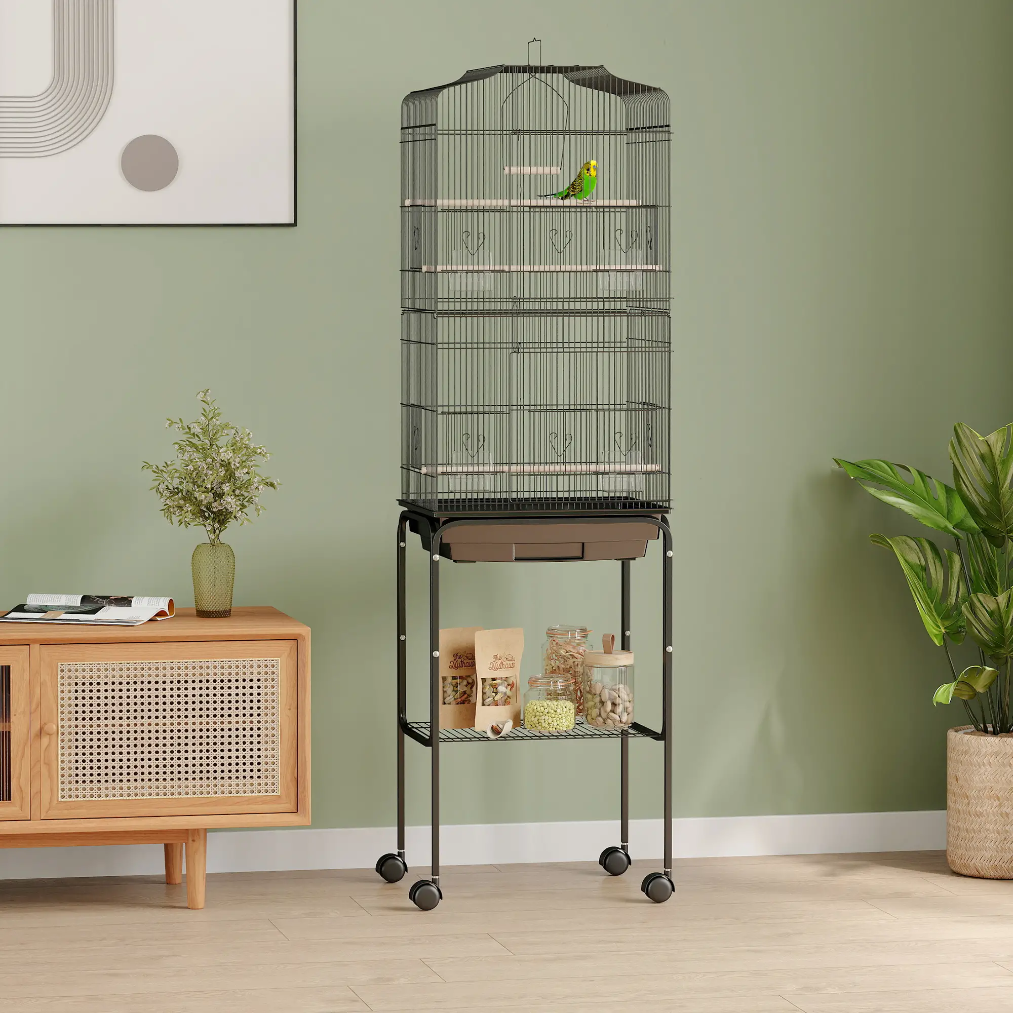 62" Rolling Bird Cage, Cockatoo House, Play Top, Storage Shelf, Wheels, Black - Image 8
