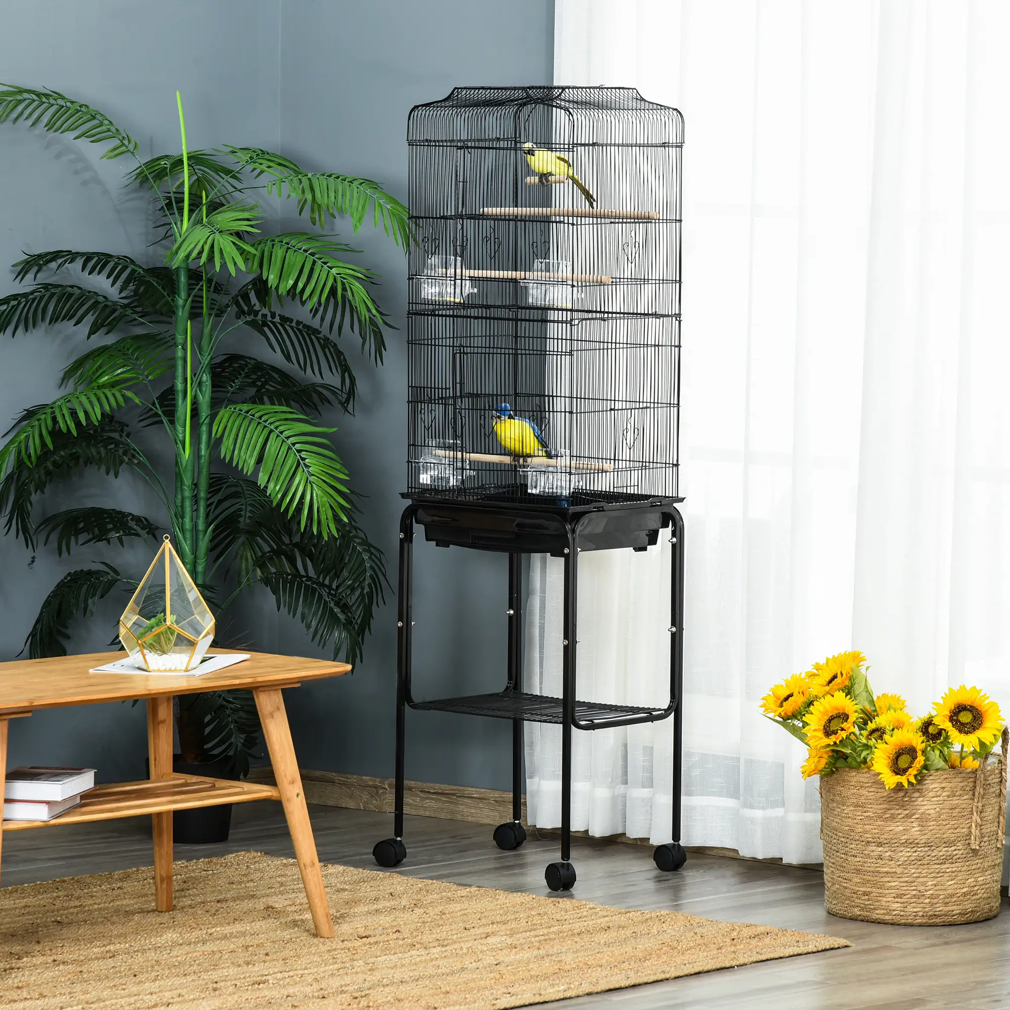 62" Rolling Bird Cage, Cockatoo House, Play Top, Storage Shelf, Wheels, Black - Image 9