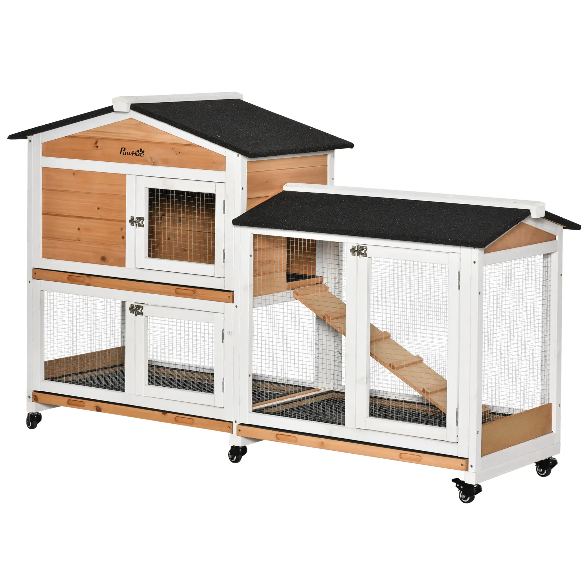 62" Wooden Rabbit Hutch with Wheels, Run Box, Tray, Ramp, Yellow