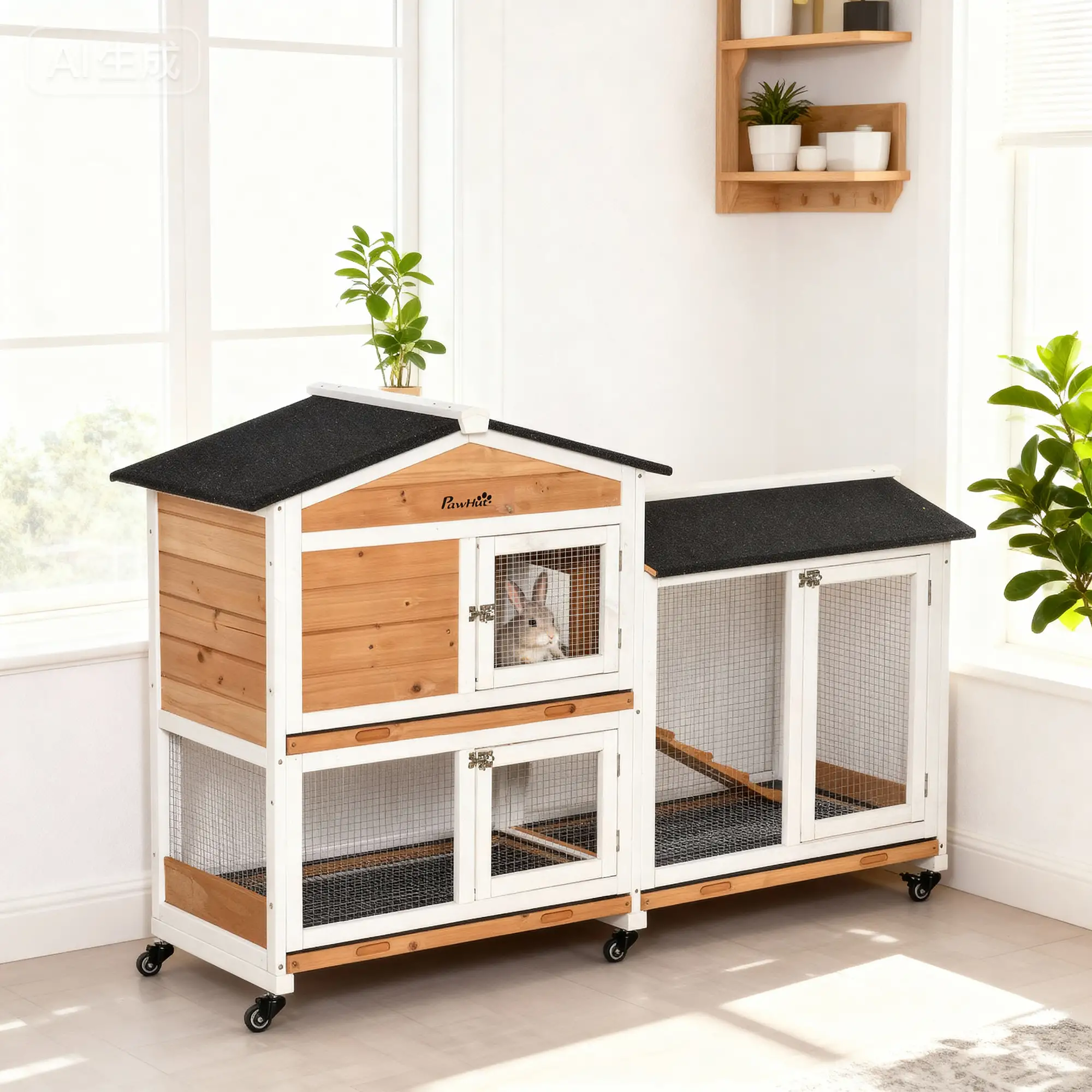 62" Wooden Rabbit Hutch with Wheels, Run Box, Tray, Ramp, Yellow - Image 10