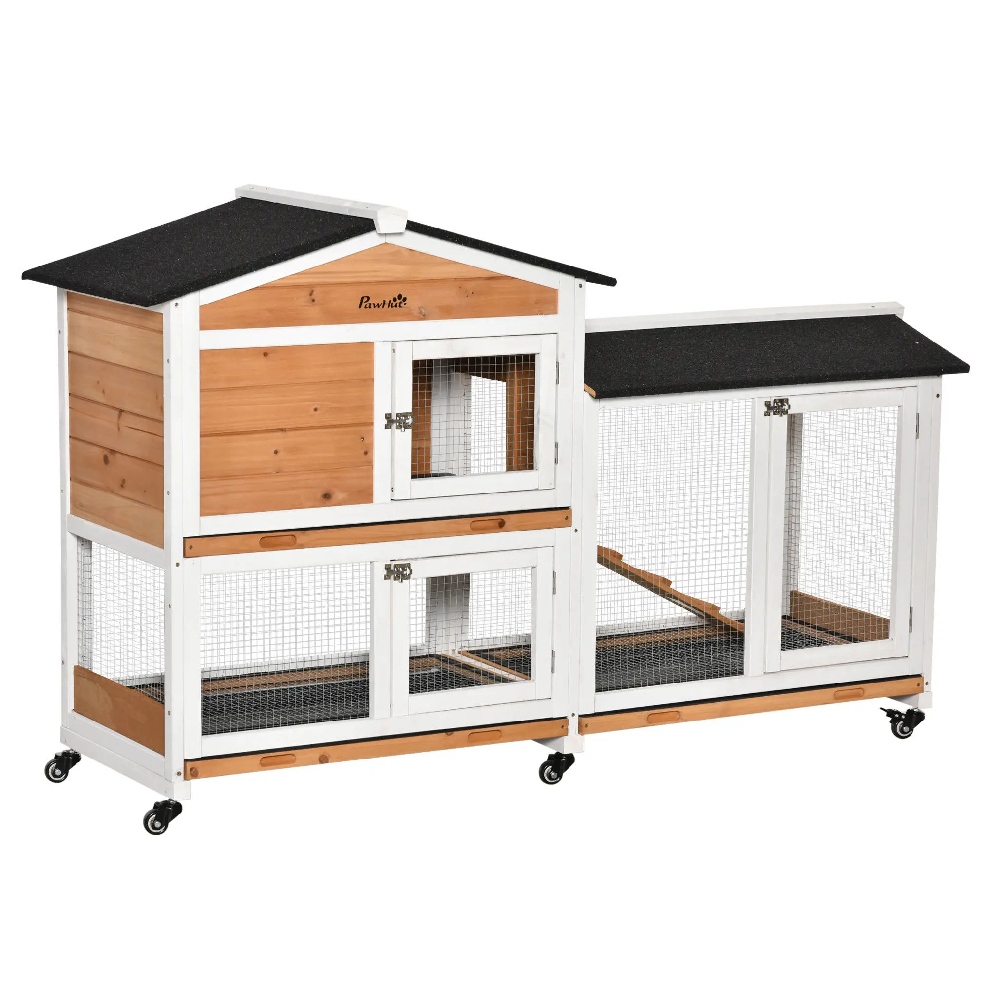 62" Wooden Rabbit Hutch with Wheels, Run Box, Tray, Ramp, Yellow - Image 11