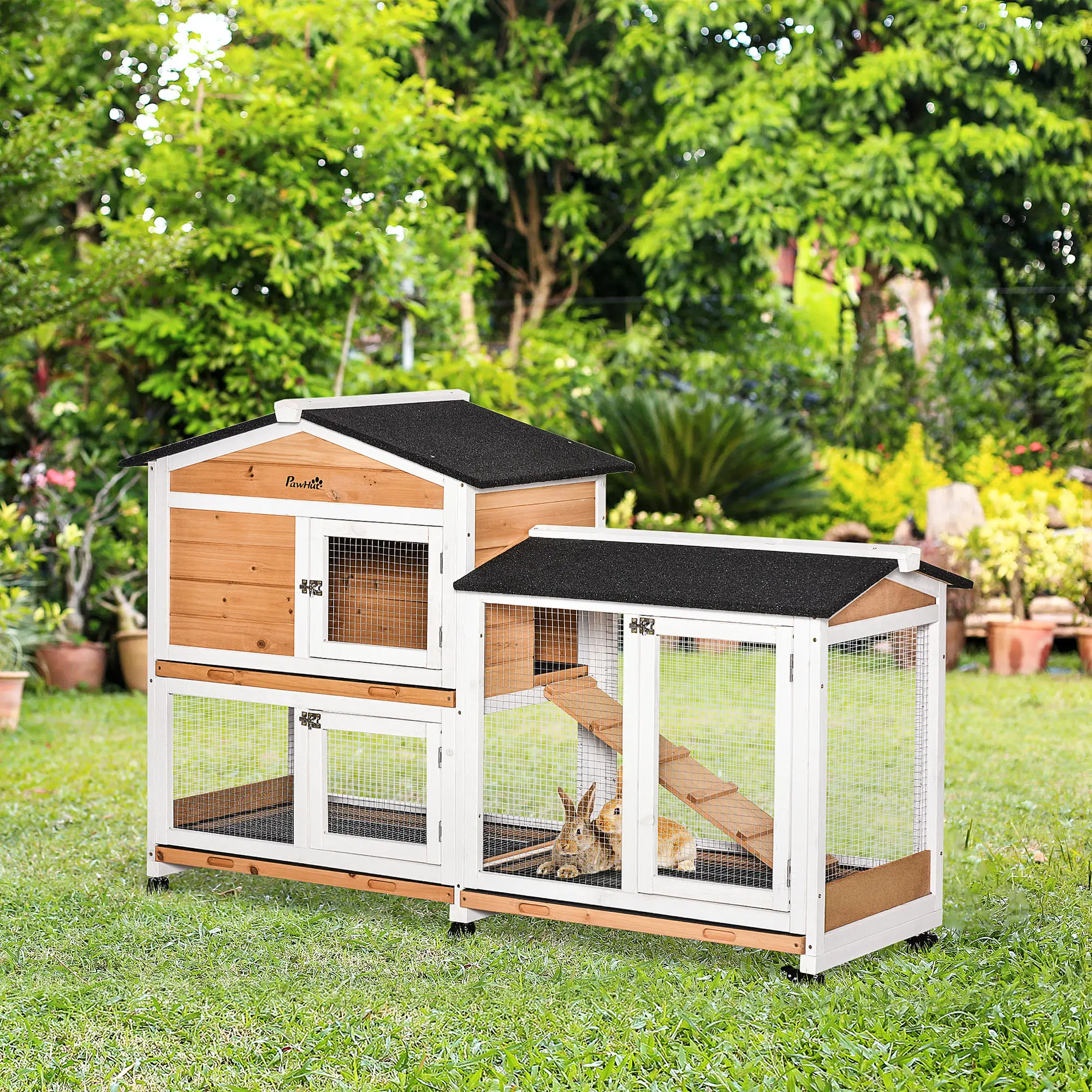 62" Wooden Rabbit Hutch with Wheels, Run Box, Tray, Ramp, Yellow - Image 2