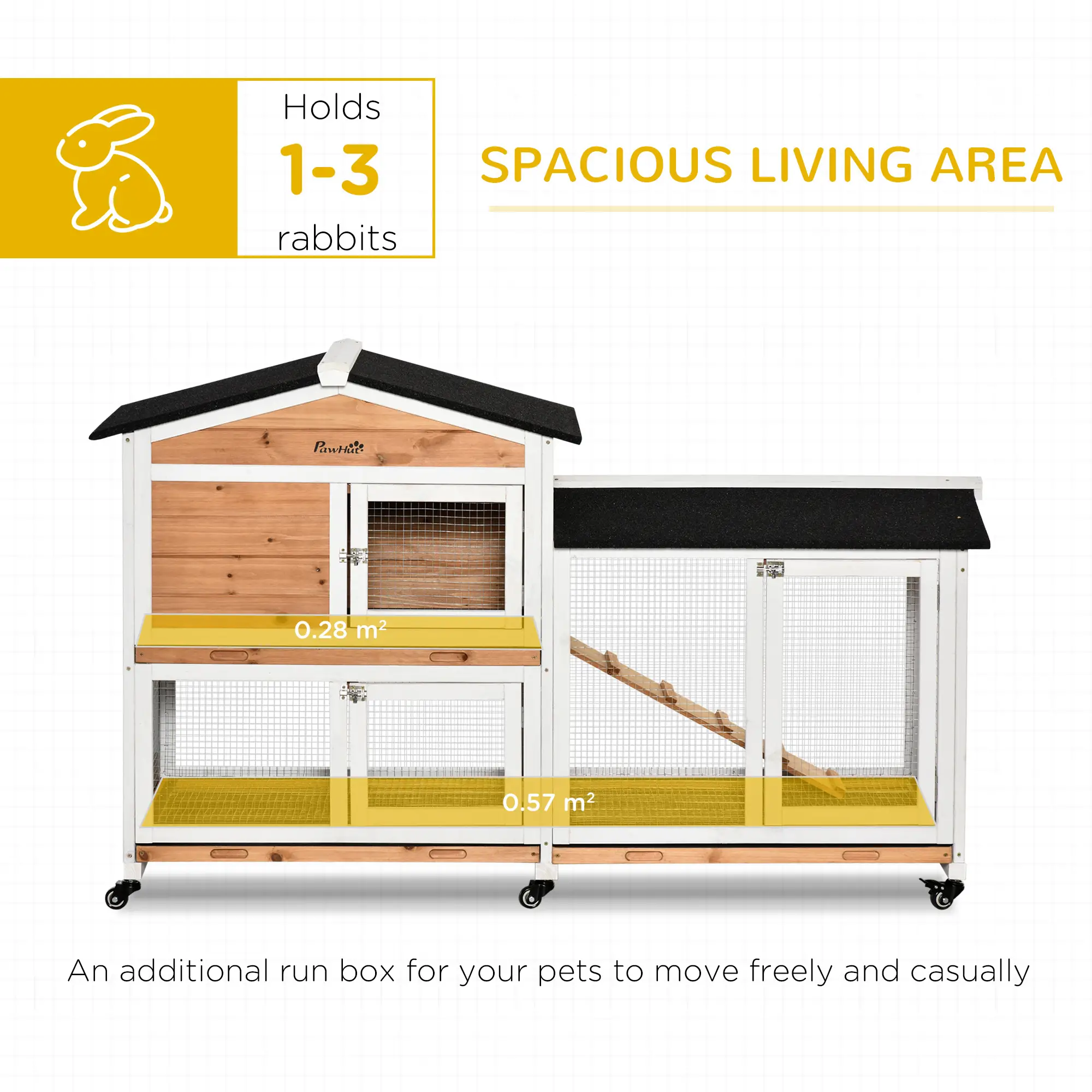62" Wooden Rabbit Hutch with Wheels, Run Box, Tray, Ramp, Yellow - Image 4