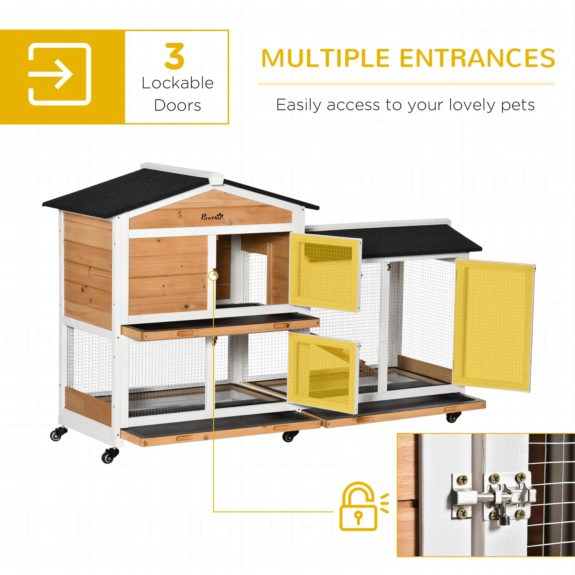 62" Wooden Rabbit Hutch with Wheels, Run Box, Tray, Ramp, Yellow - Image 6