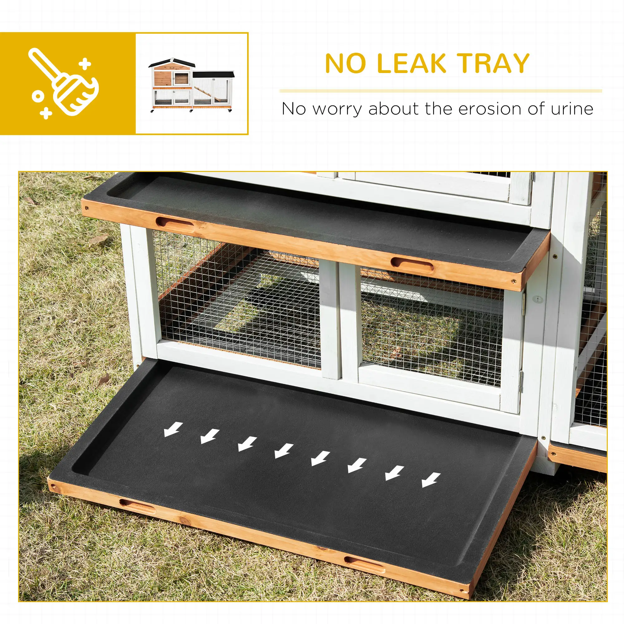 62" Wooden Rabbit Hutch with Wheels, Run Box, Tray, Ramp, Yellow - Image 7