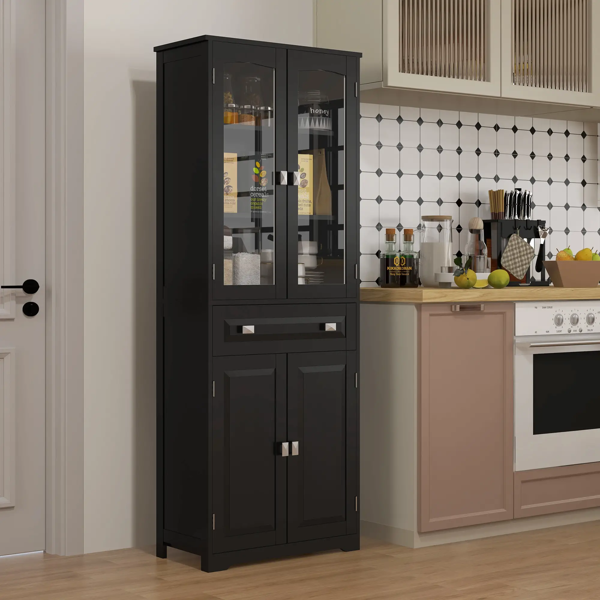 63" 4-Door Kitchen Pantry Cabinet, Adjustable Shelves, Black - Image 2