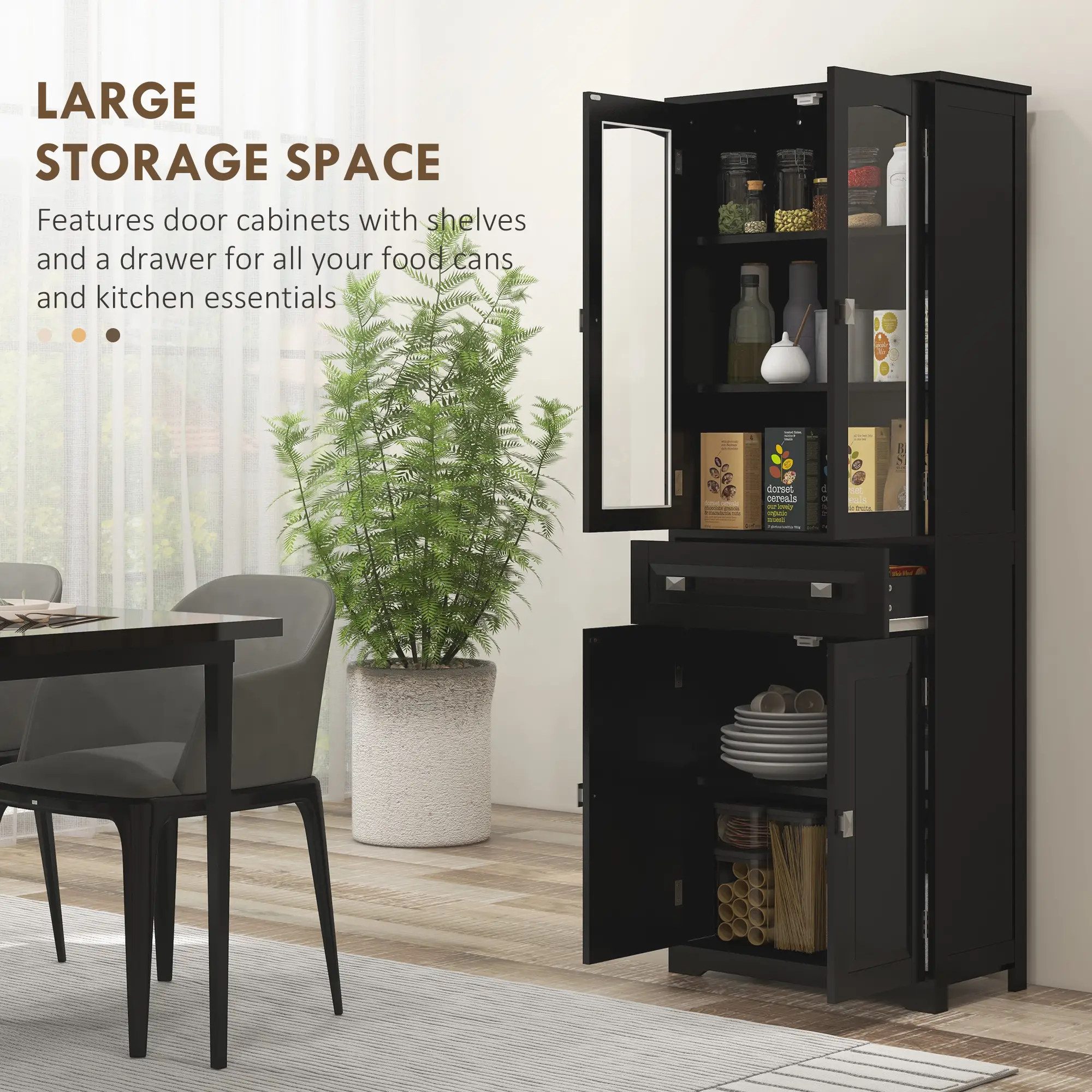 63" 4-Door Kitchen Pantry Cabinet, Adjustable Shelves, Black - Image 4