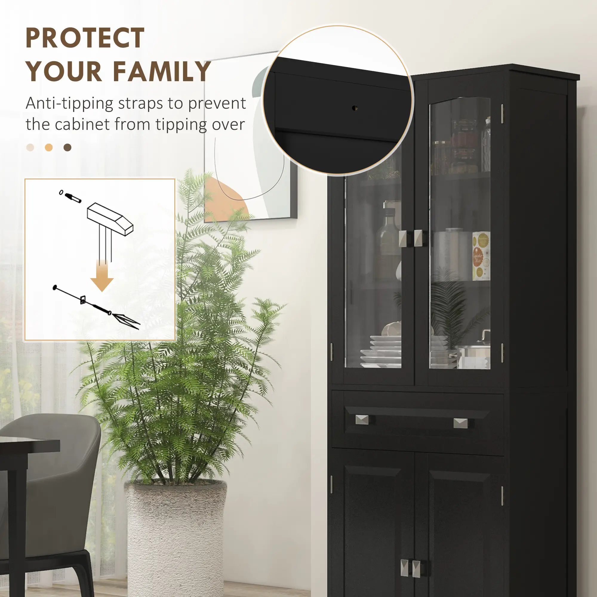 63" 4-Door Kitchen Pantry Cabinet, Adjustable Shelves, Black - Image 6