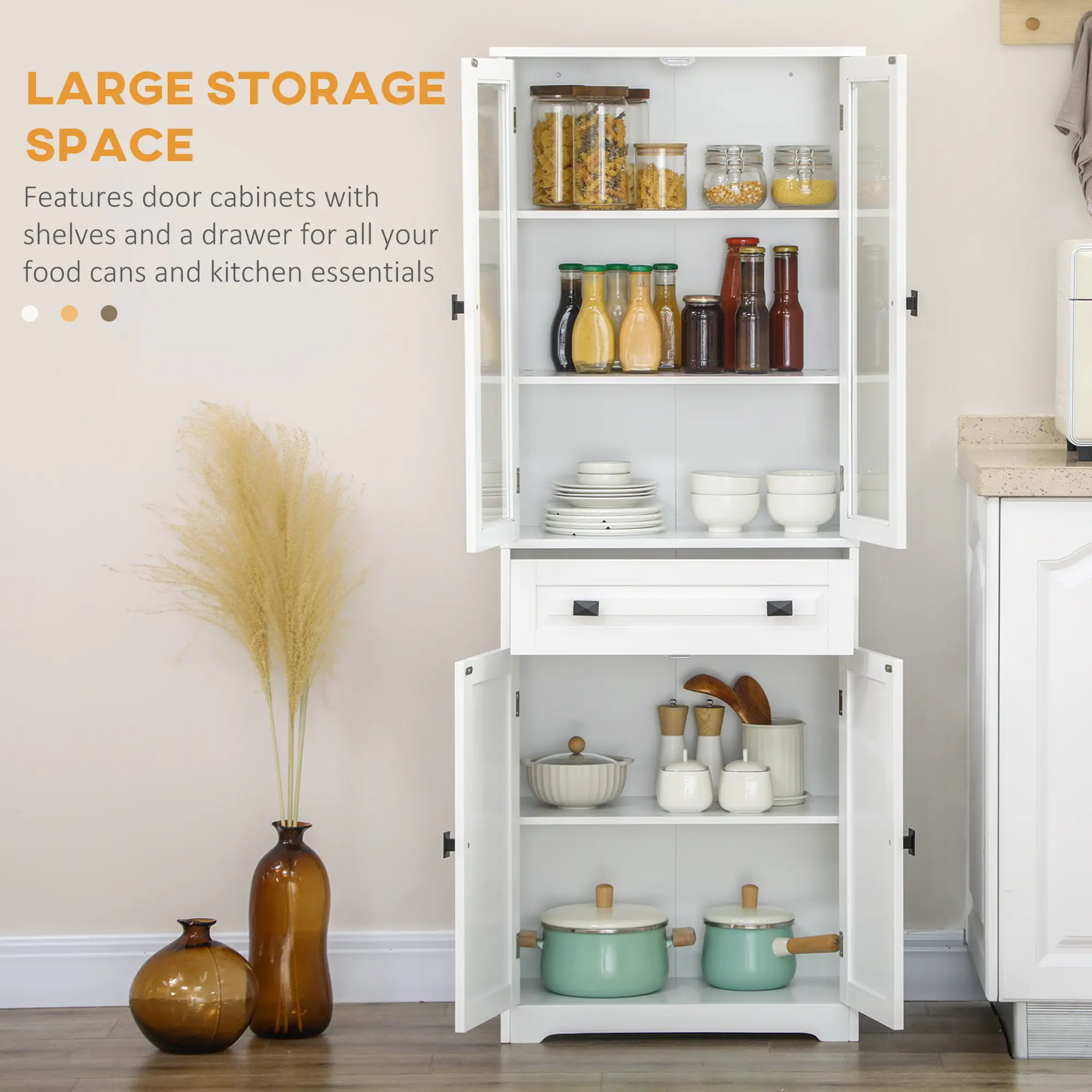 63" 4-Door Kitchen Pantry Cabinet, Adjustable Shelves, White - Image 4