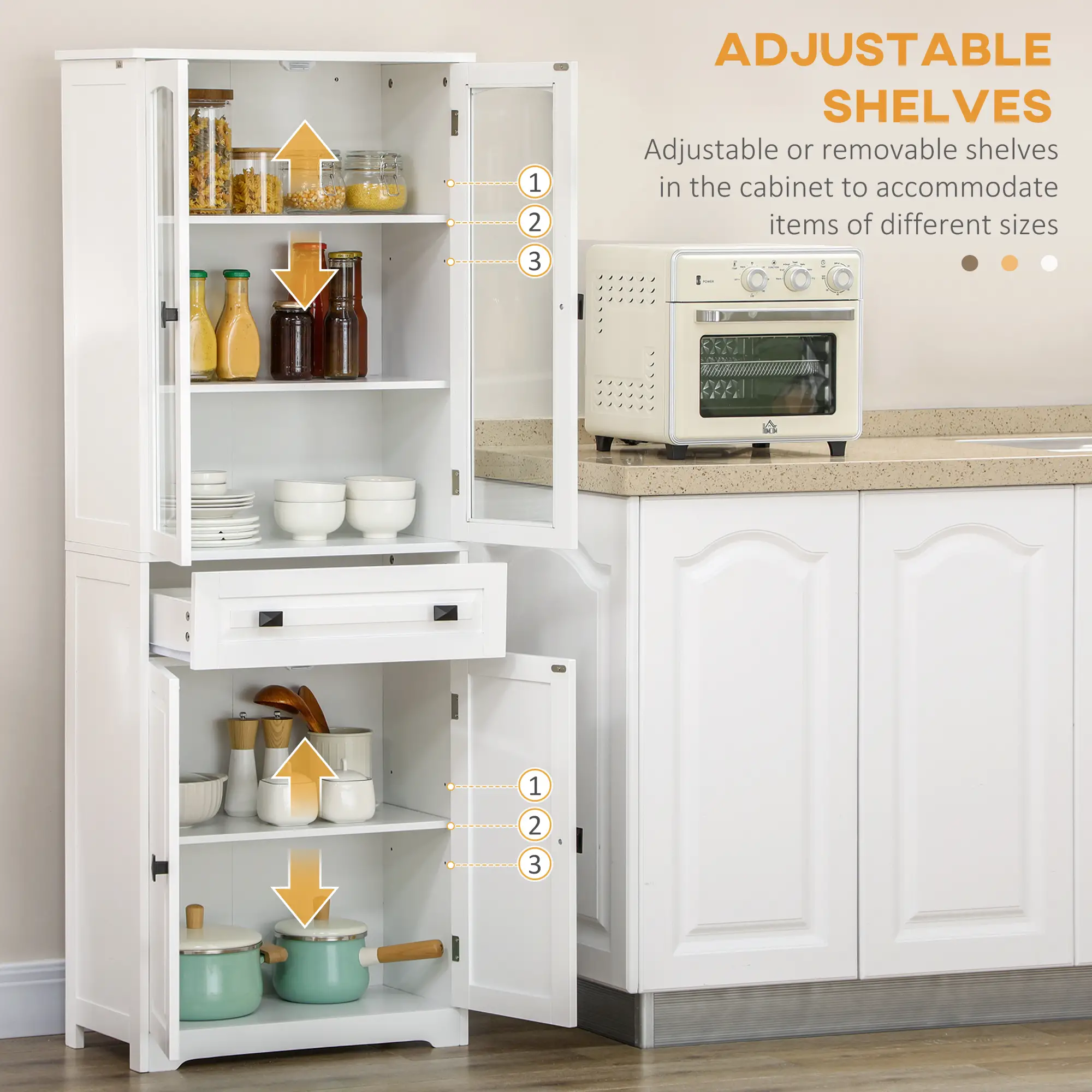 63" 4-Door Kitchen Pantry Cabinet, Adjustable Shelves, White - Image 5