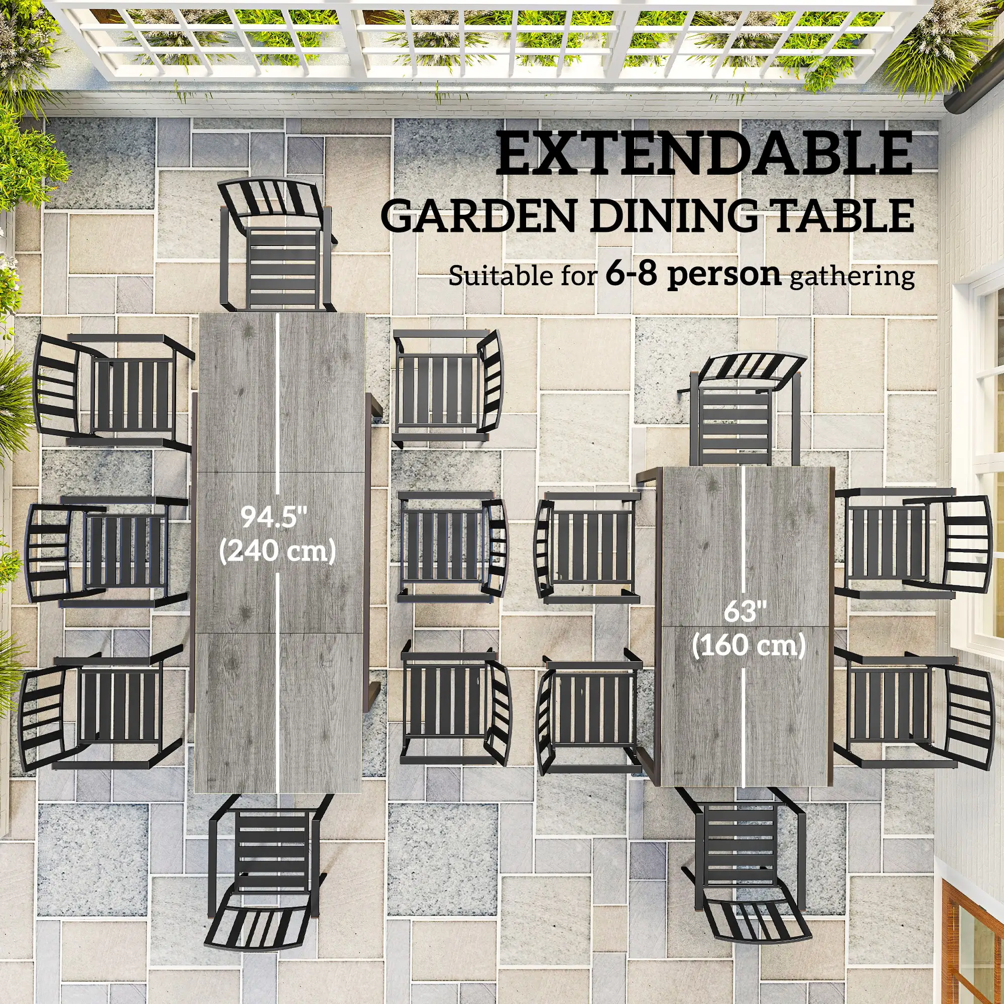 63"-94.5" Extendable Patio Dining Table, Outdoor Dining Table, Steel Frame, Grey - Image 4