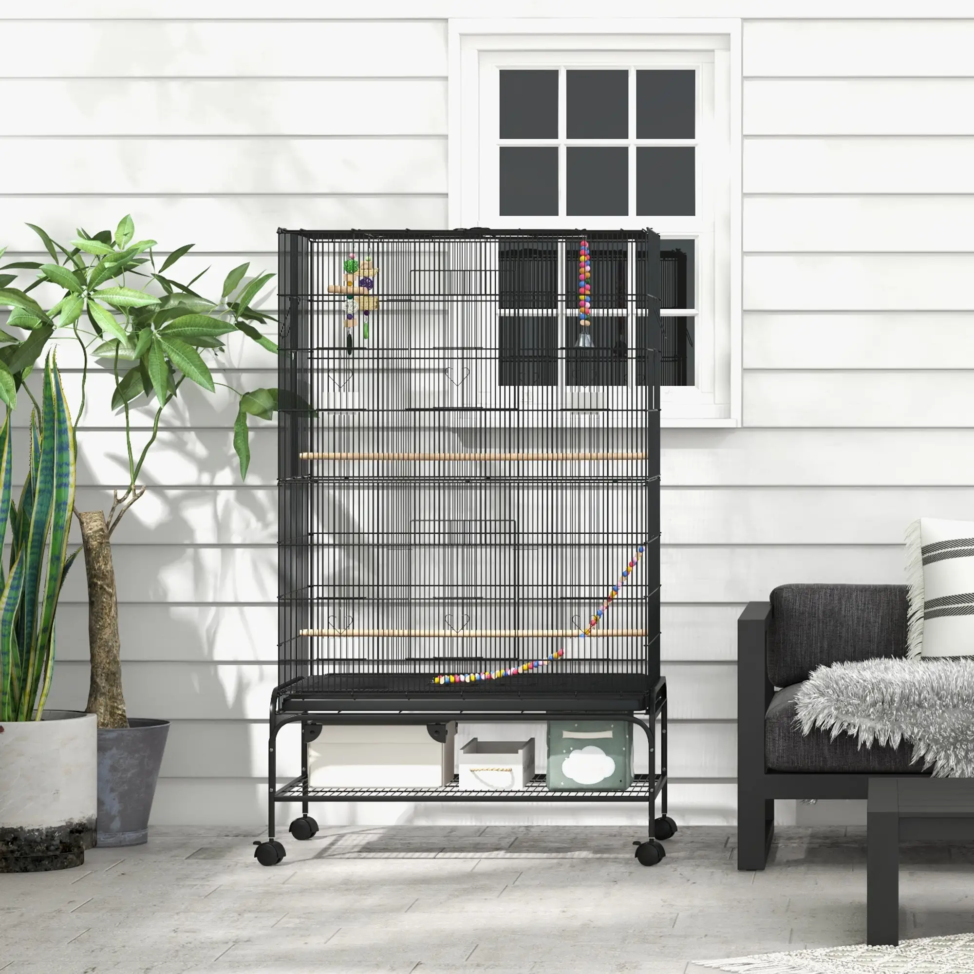 63" Bird Cage With Open Top, Stand, Toys, Removable Tray, Storage Shelf - Image 10