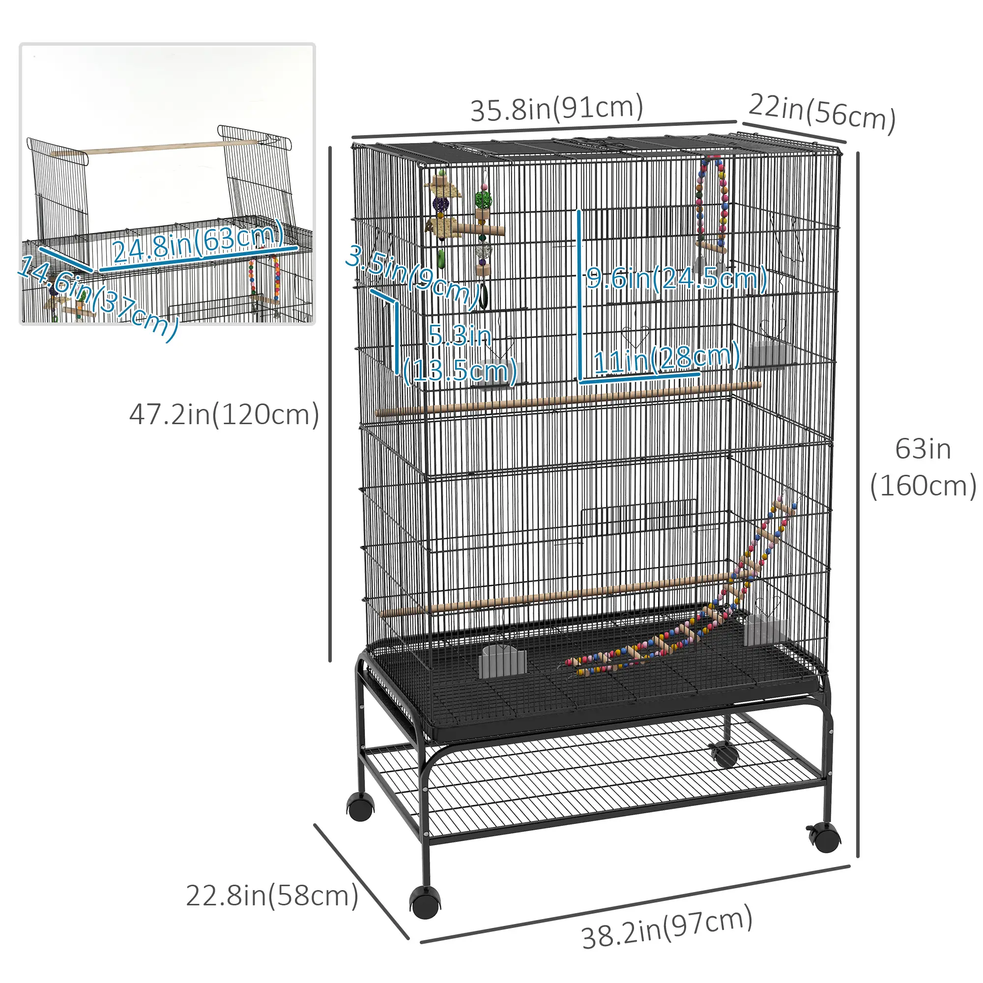63" Bird Cage With Open Top, Stand, Toys, Removable Tray, Storage Shelf - Image 3