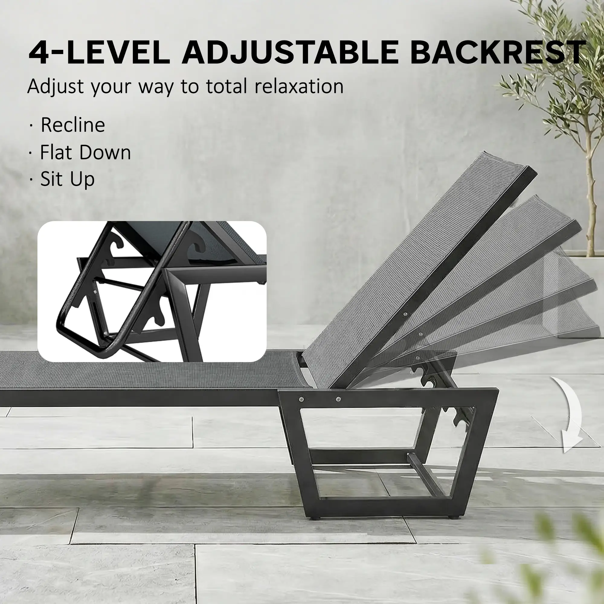 63 cm Wide Outdoor Lounge Chair, 4-Position Tanning Lounger, Dark Grey - Image 4