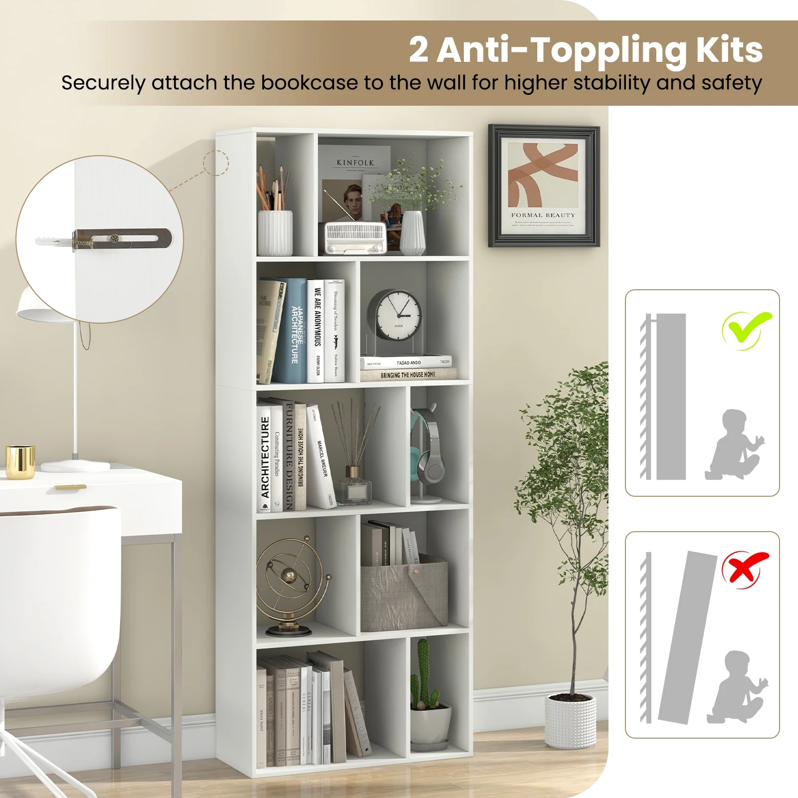 63 Inch 5-Tier Geometric 10-Cube Bookshelf, White - Image 9
