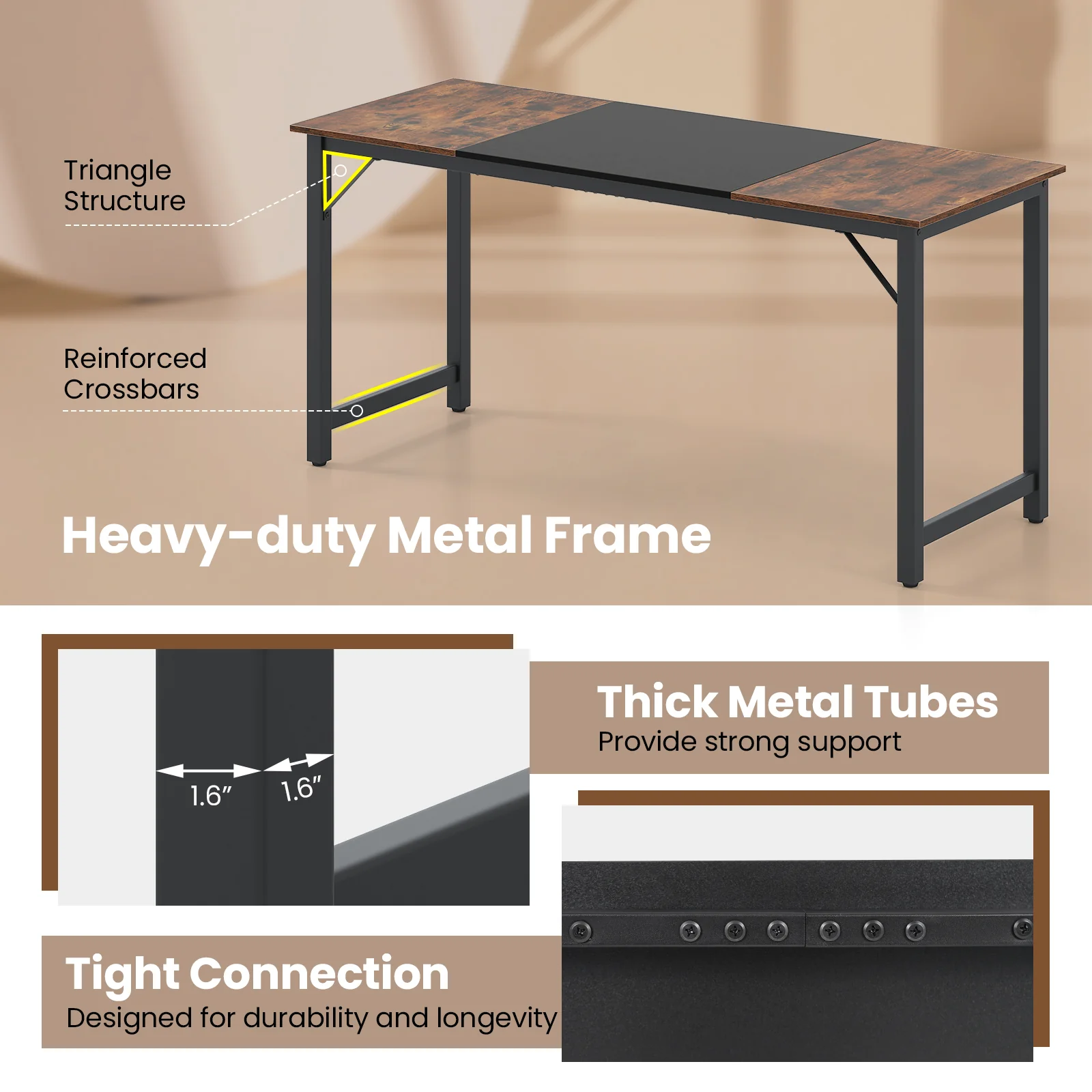63 Inch Modern Splice Computer Desk, Heavy Duty Steel Frame, Black - Image 8