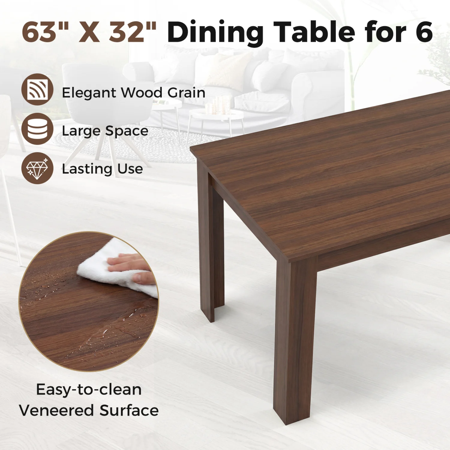 63 Inch Rectangular Dining Table, Walnut - Image 7