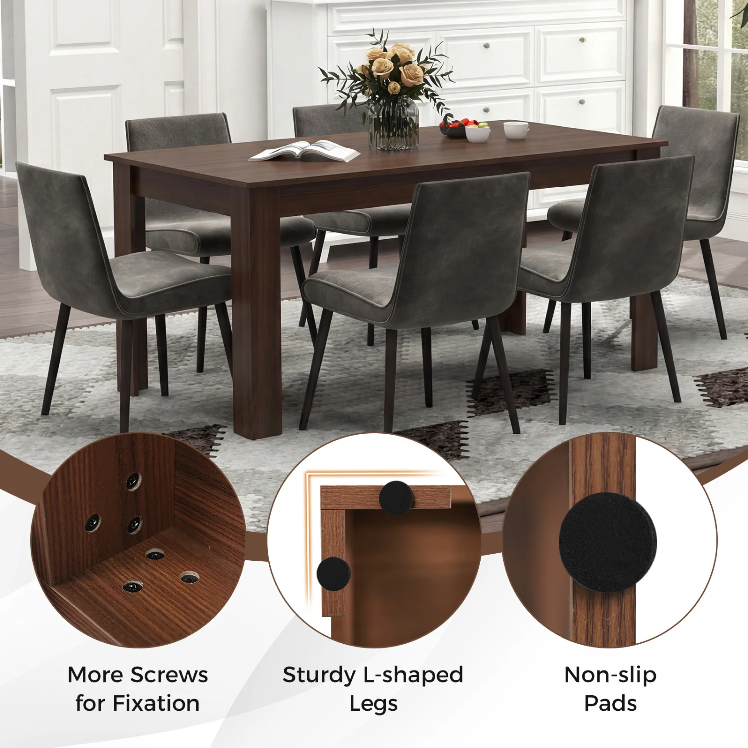 63 Inch Rectangular Dining Table, Walnut - Image 9